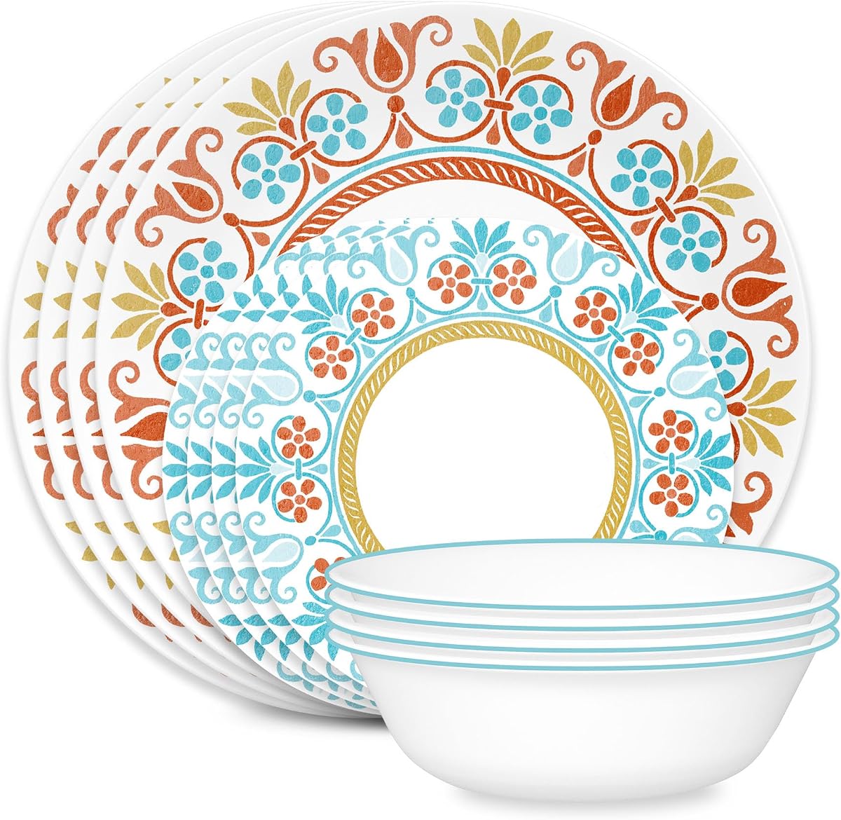 Corelle Global Collection Vitrelle Juego de vajilla de 12 piezas, vidrio reciclado de triple capa, juego de platos y tazones redondos ligeros y ecológicos, Terracotta Dreams