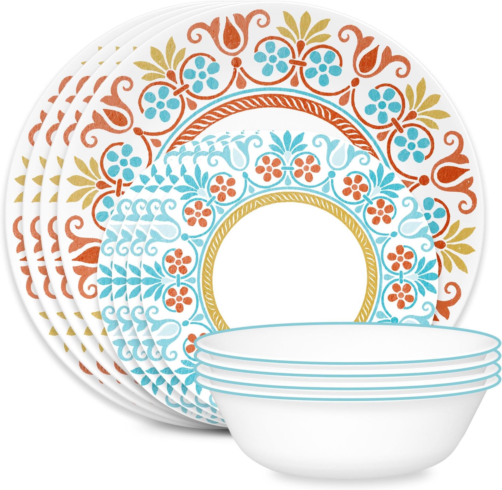 Global Collection Vitrelle 12-Piece Dinnerware Set, Triple Layer Recycled Glass, Lightweight Eco-Friendly Round Plates and Bowls Set, Terracotta Dreams