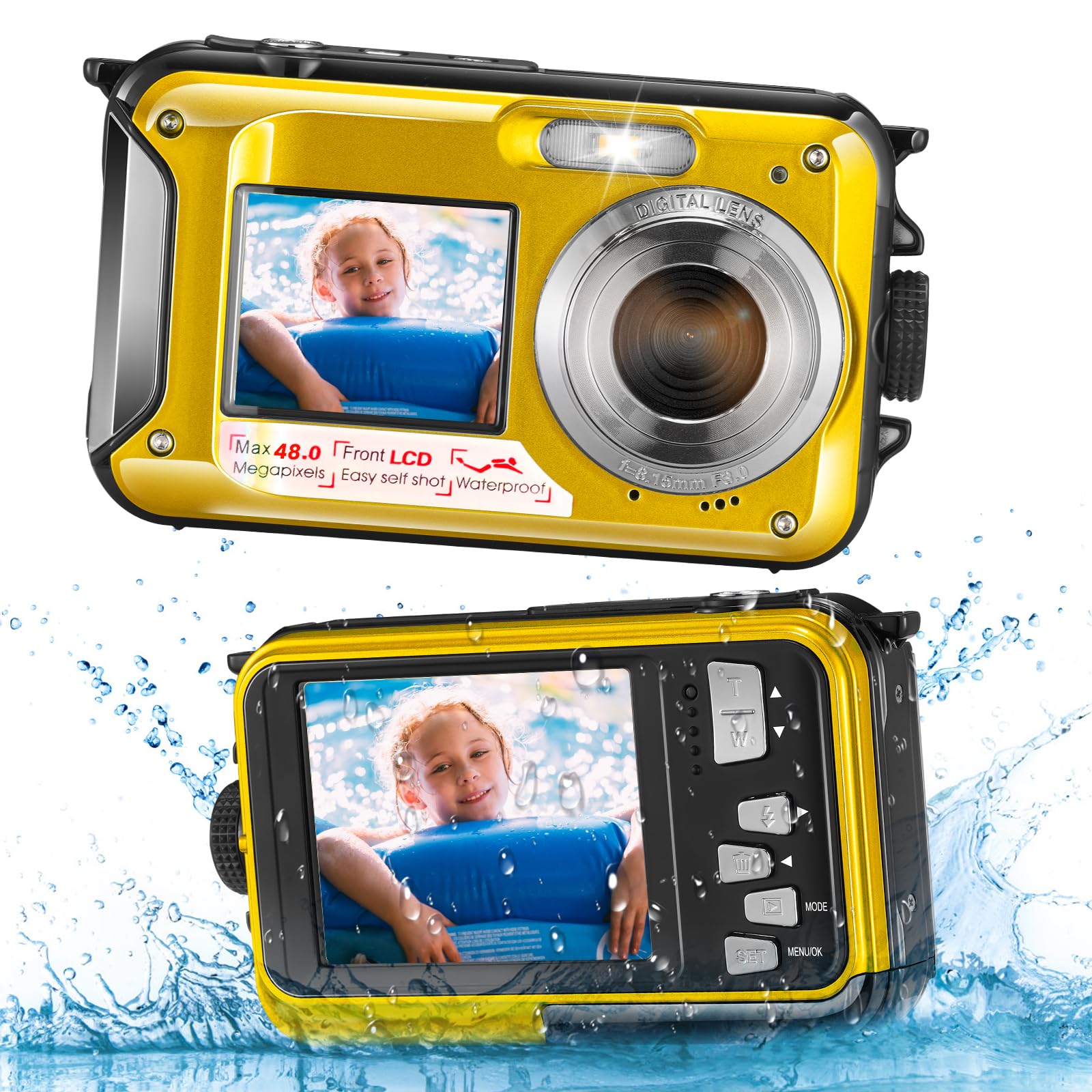 Cámara Digital Impermeable, Cámara Submarina HD 2.7K 48MP con Doble Pantalla para Buceo 3M para Nadar, Zoom Digital 16X Anti-Vibración, Amarilla