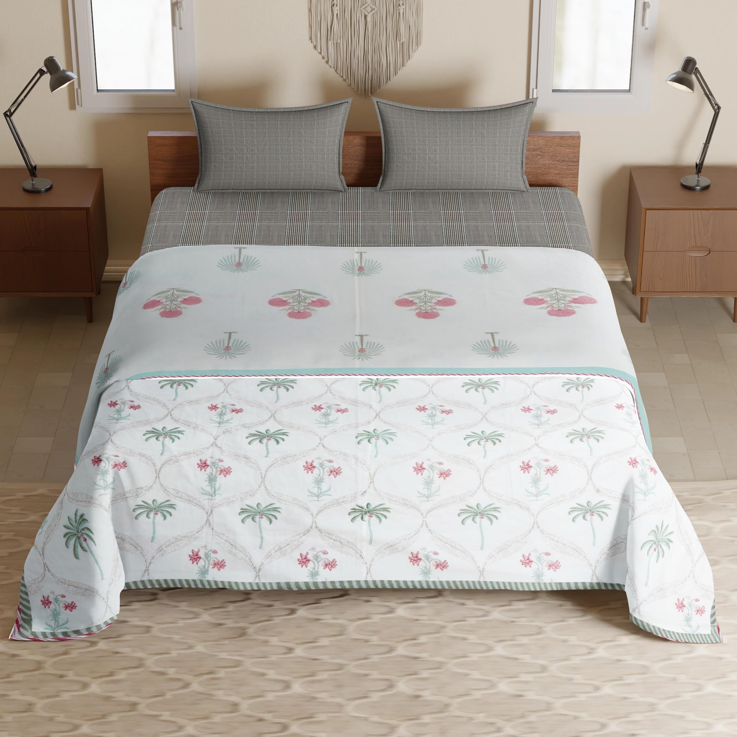 Touch Of Home 100% Cotton King Size Dohar/AC Dohar/Printed Double Bed Blanket | AC Comforter Double Bed (84 X 102 Inches) | Hand Block Printed | Pink-Palm