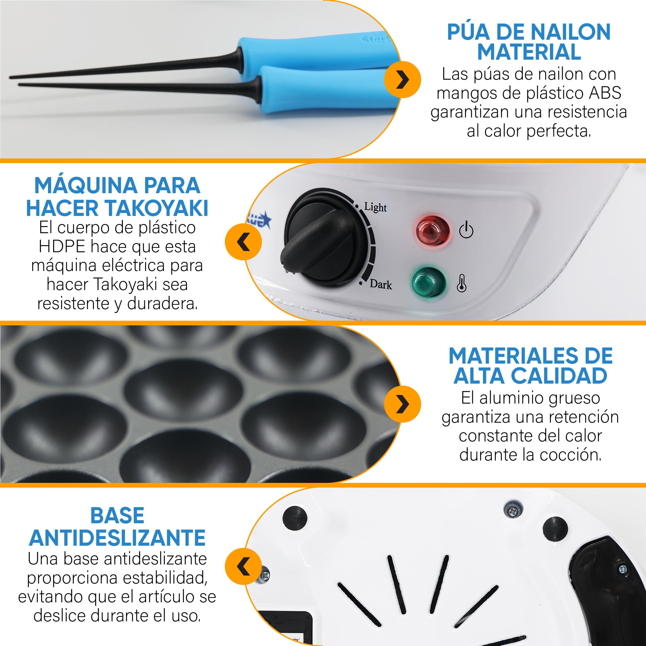 StarBlue Takoyaki Maker Machine Machine with Free Takoyaki Picks - Control de temperatura de 18 agujeros, 220 V, 60 Hz, 700 W, Enchufe del Reino Unido Y Adaptador Europeo