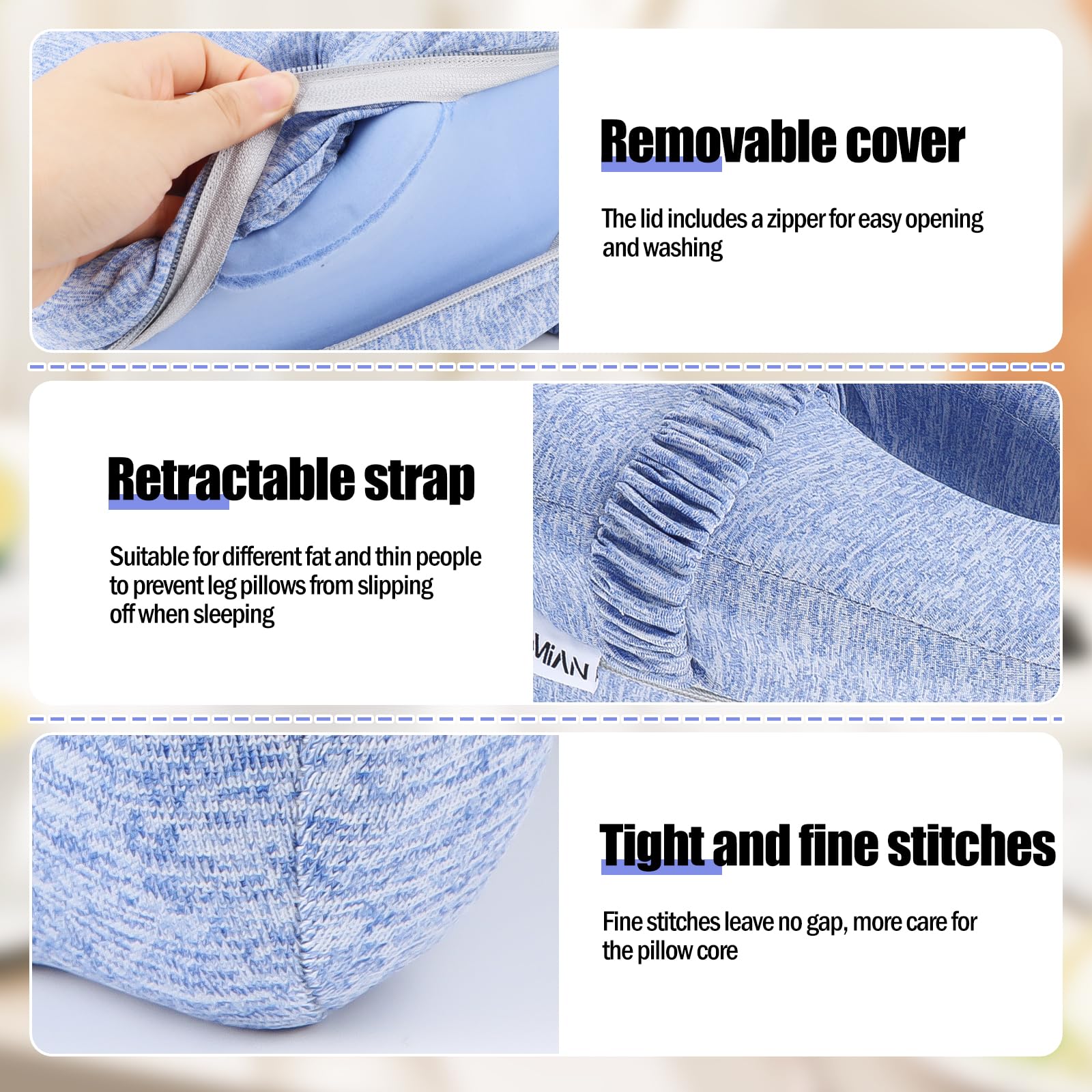 Kniekissen für Seitenschläfer, Orthopädisches Kissen für Bein, Ergonomisches Beinkissen mit Gürtel, Seitenschläferkissen aus Memory Schaum, Kissen Schwangerschaft für Stützt Beine, Knie, Rücken (Blau)