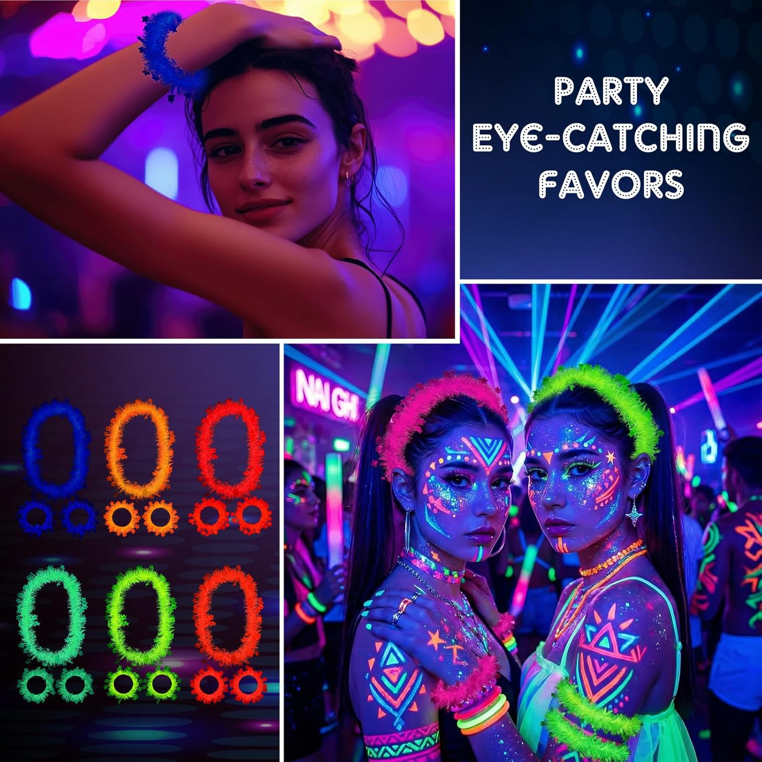 Riceshoot 36 Pcs Glow in the Dark Party Accessories Glow in the Dark Party Supplies Neon Fluorescent Necklace and Bracelet Set Blacklight Necklace Favors Bracelet Photo Booth Props for Women Men Adult