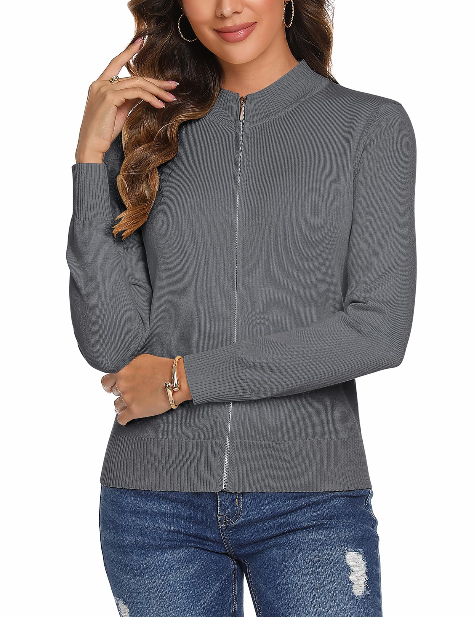 Aottori Cardigan Donna con Zip Maglione Cerniera Leggero Giacca in Maglia Elegante Golfino a Maniche Lunghe Pullover Aperta Casual per Primavera Autunno Invernale