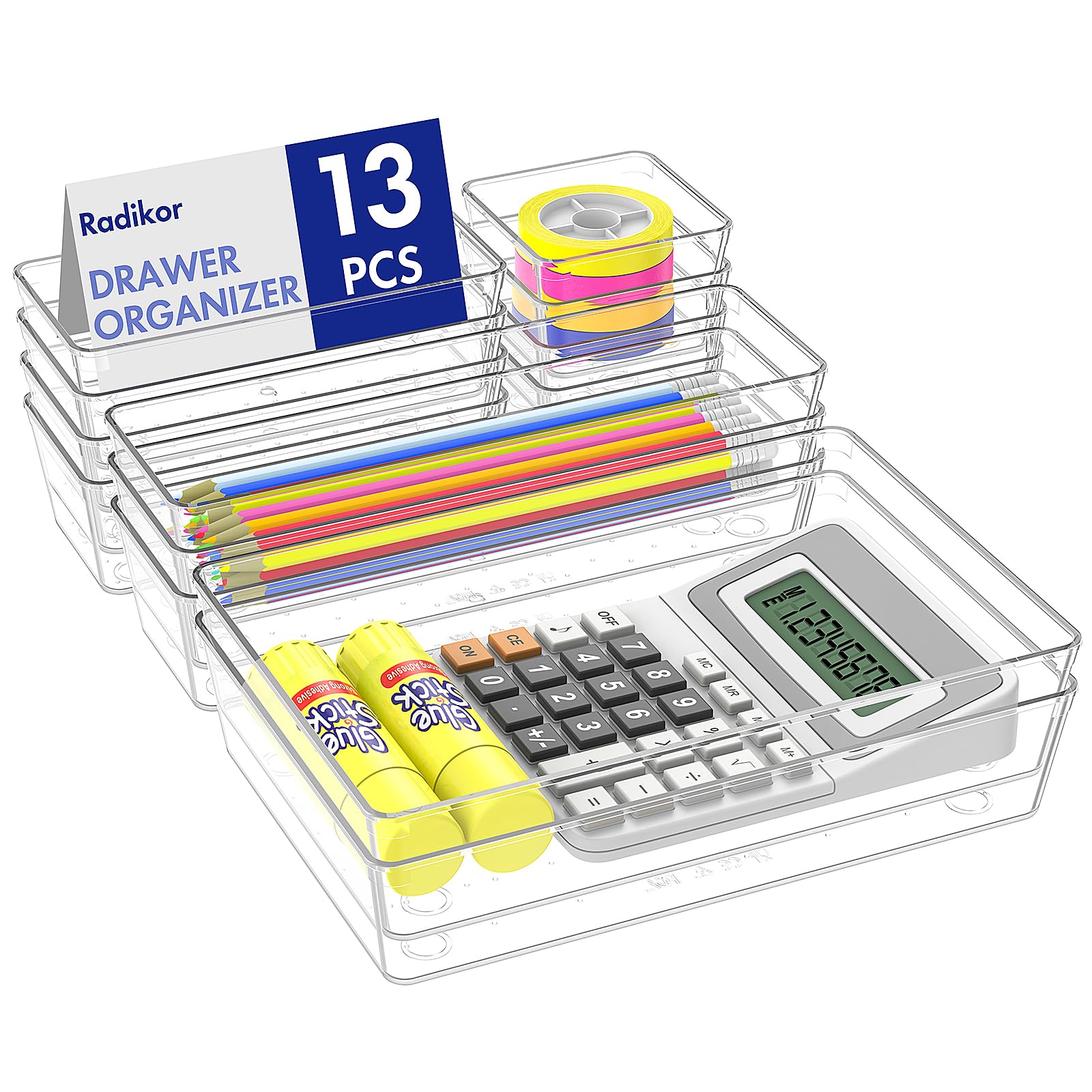 Radikor Transparent Drawer Organiser Set, 13Pcs Clear Plastic Makeup Drawer Organiser Trays/Inserts/Dividers, 4-Size Acrylic Storage Bins For Makeup, Cosmetic, Vanity, Officce, Bathroom
