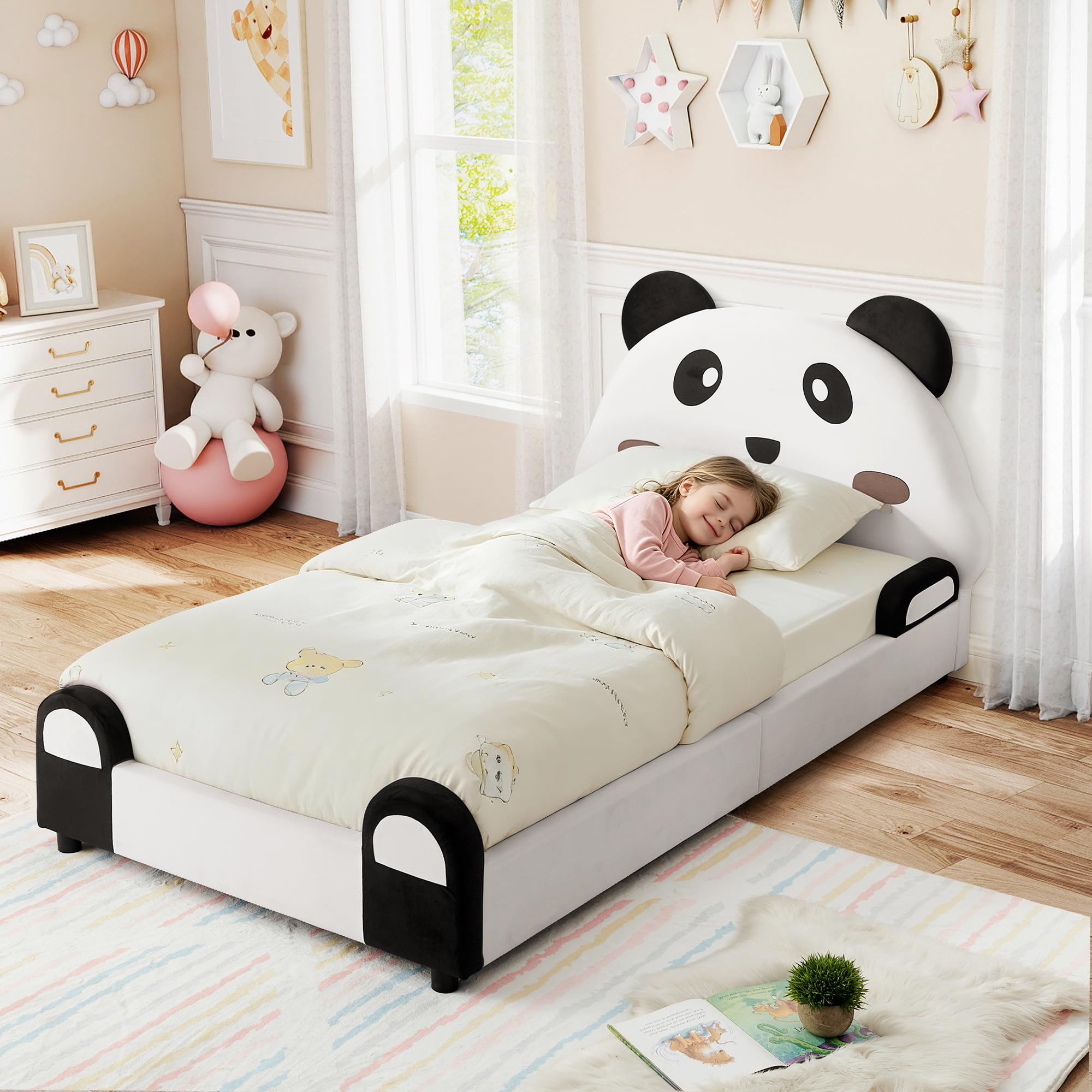 Condition photo showing New/Like New for antetek twin bed frame for kids with cute cartoon panda headboard, velvet upholstered comfy platform bed frame for girls boys, sofa bed low profile single bed, no box spring needed, beige