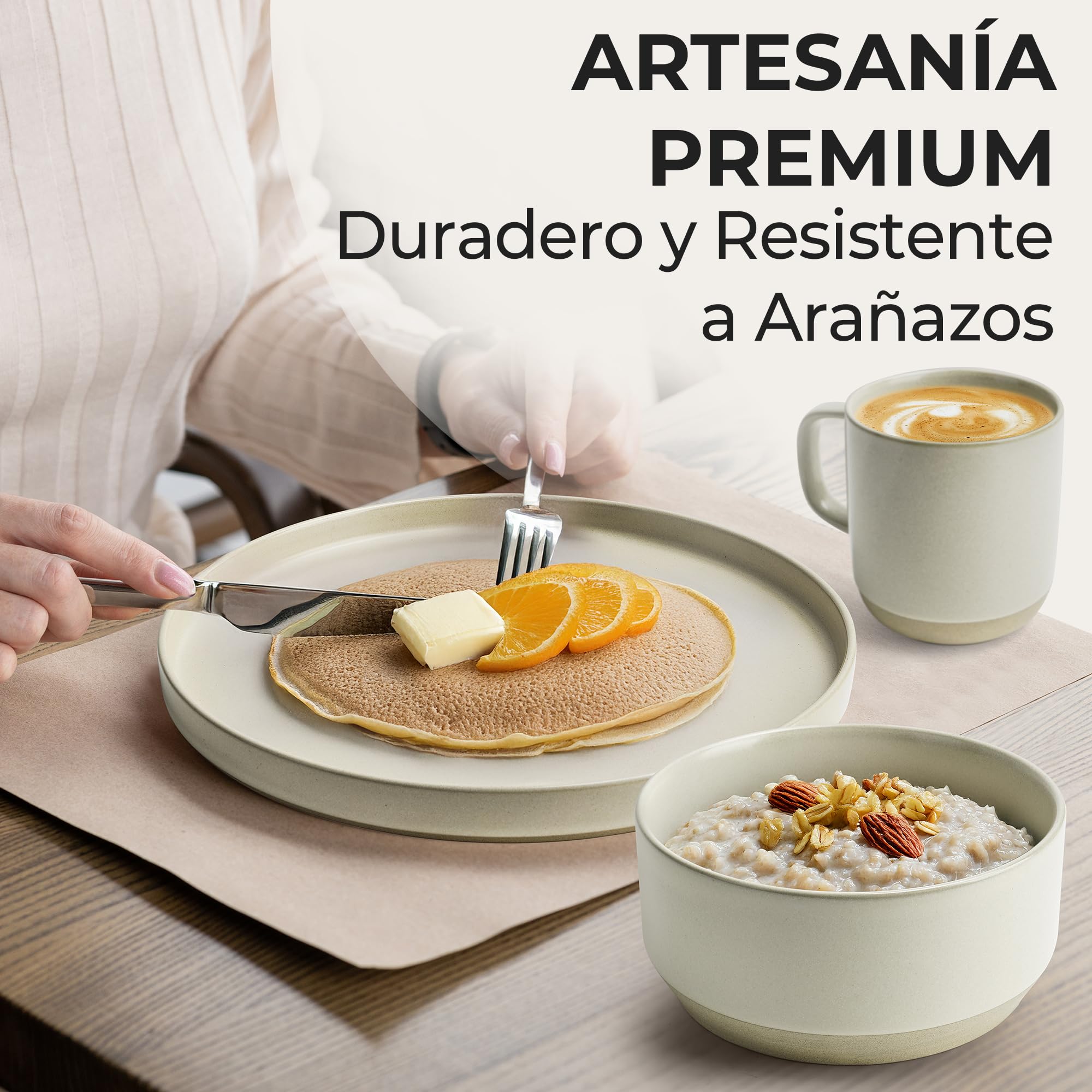 MIAMIO – Juego de platos para 4/Juegos de Vajilla para 4 Personas, Gres Mate Beige, Lavavajillas y Apto para Microondas – Colección Sierra (Claro, Platos Pequeños (4x))