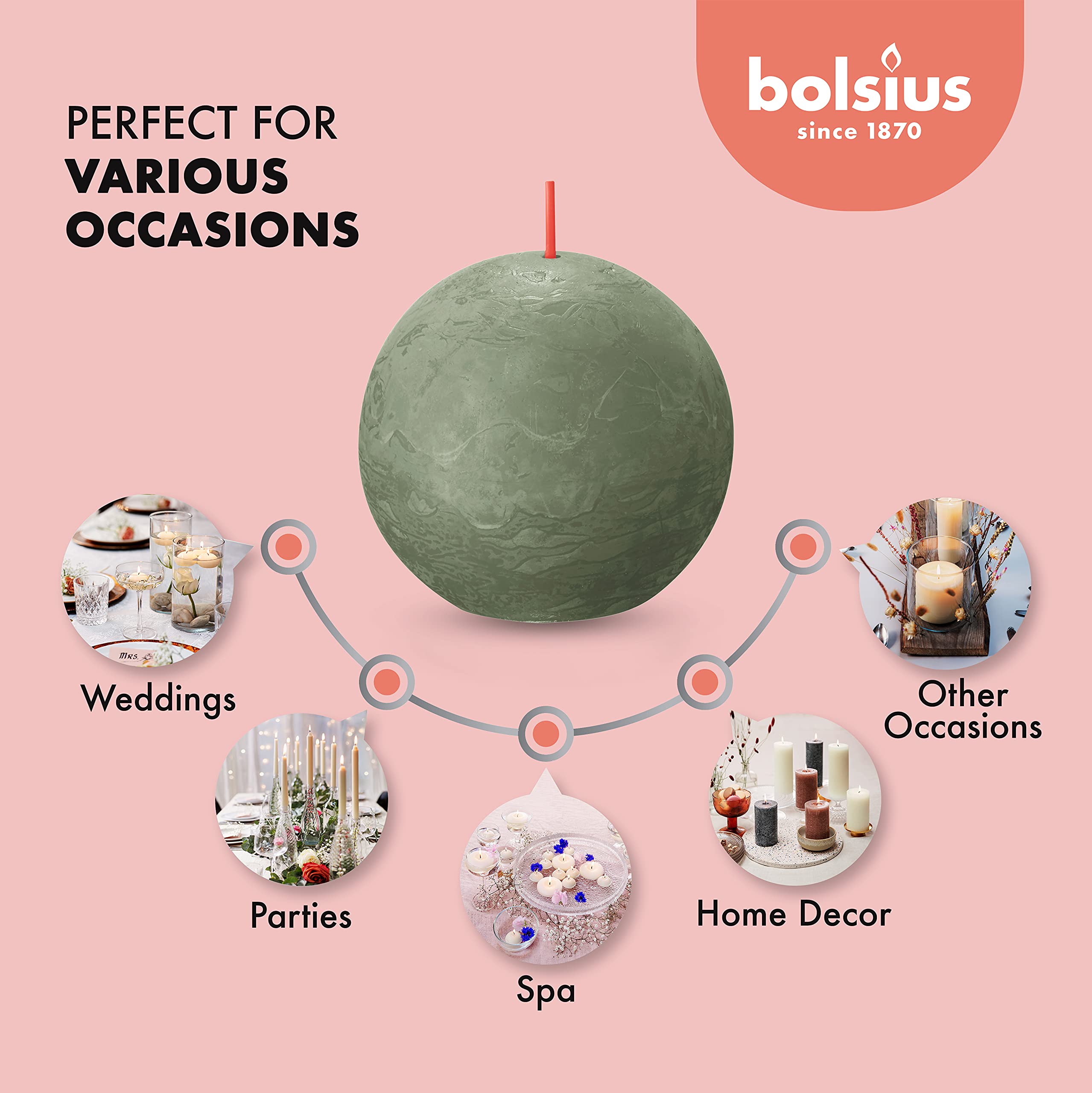 BOLSIUS 3 Pack Fresh Olive Rustic Ball Pillar Candles - 3 Inch - Premium European Quality - Natural Eco-Friendly Plant-Based Wax - Unscented Dripless Smokeless 25 Hour Party Décor and Wedding Candles
