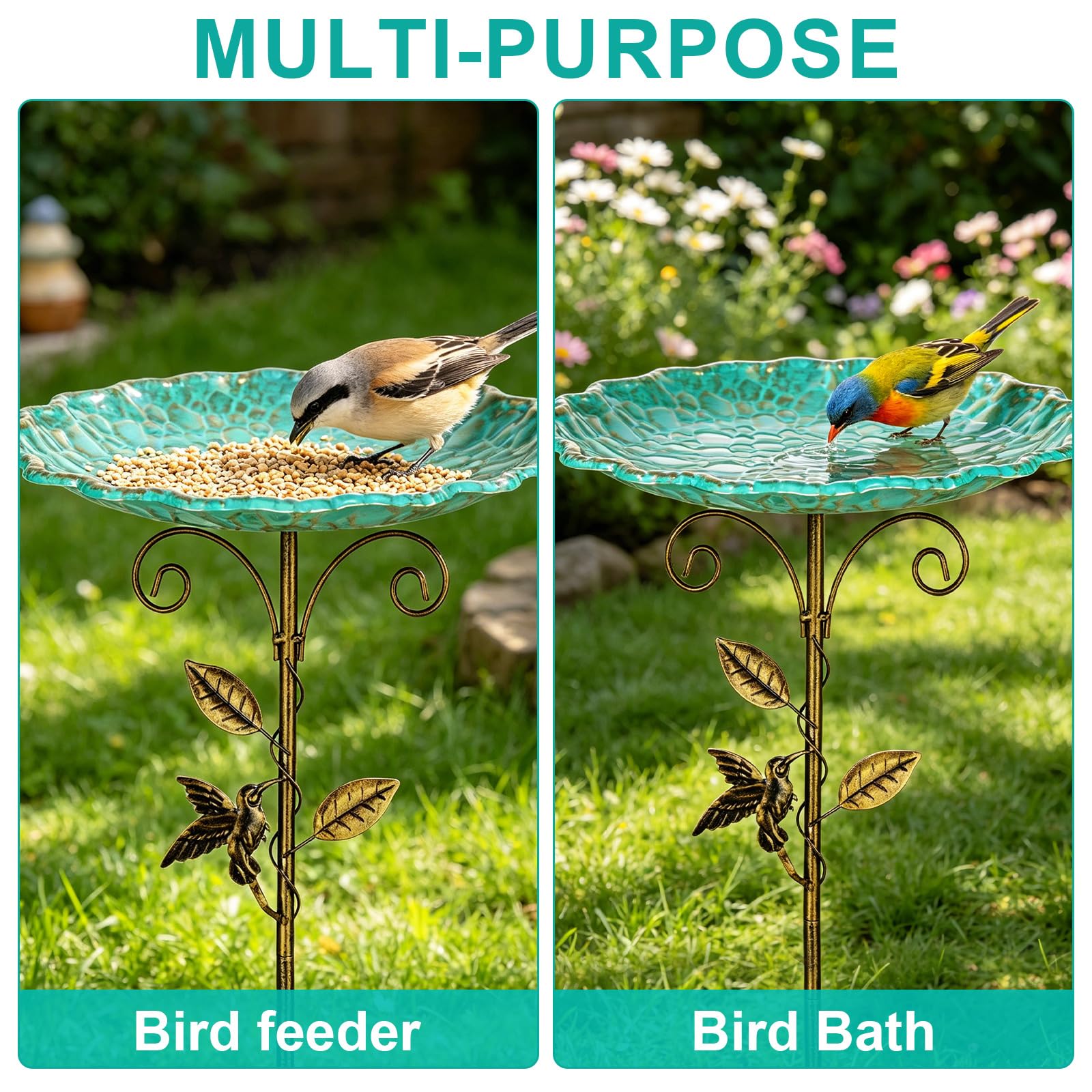 Vogelbad für Garten Metall Vintage Vogeltränke Stehend, Vogelbad Garten Stehend, Wassertränke für Vögel, Futter Vogelbad, Wildvögel Wassertränke mit Erdspieß für Draußen Garten Hof Rasen - 3