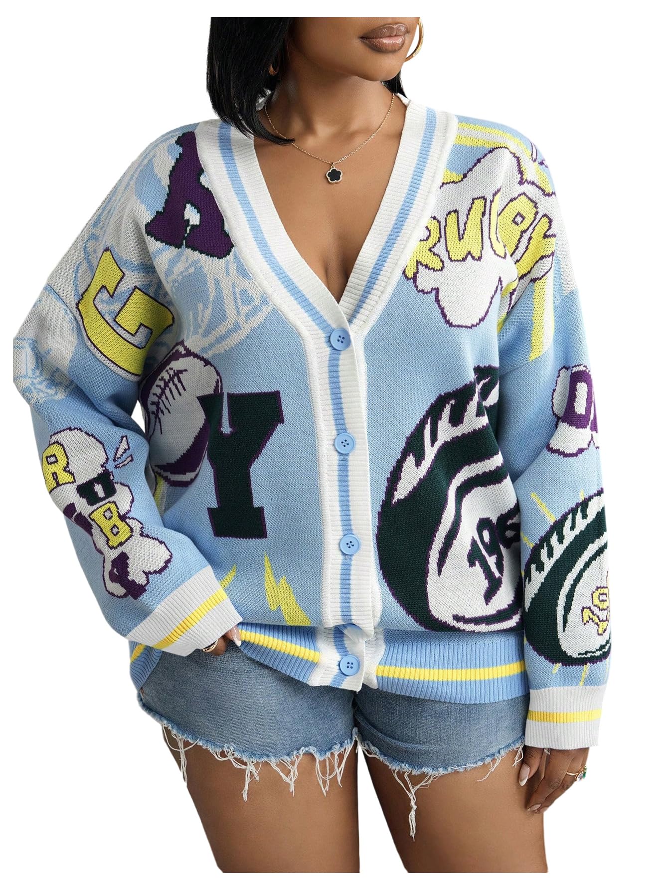 SHENHE Womens Plus Size Oversized Button Down Cardigan Football Game Day Y2K Sweater Cardigan