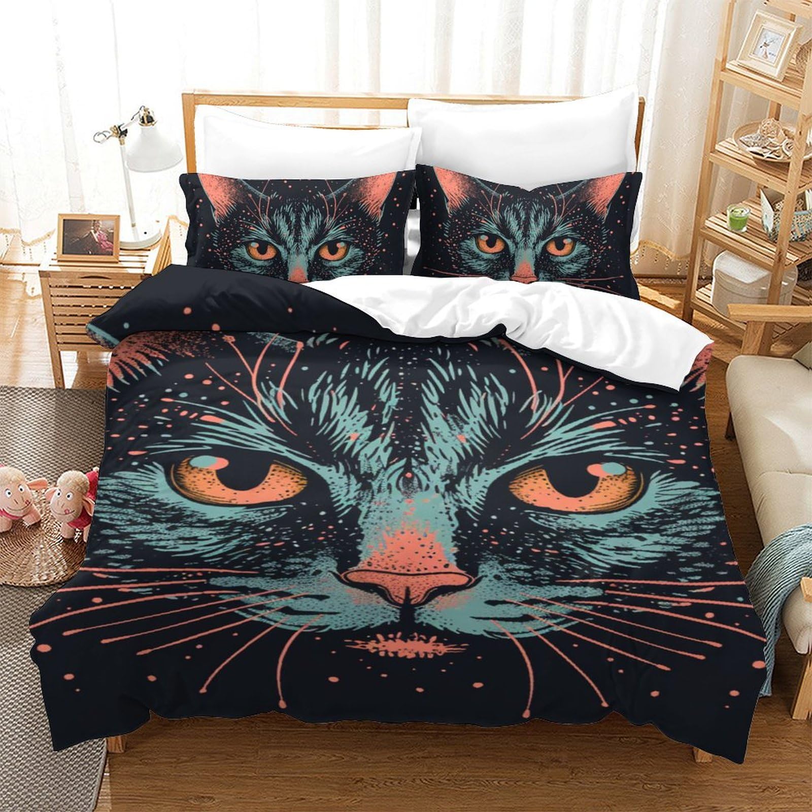 Housse de couette chat 140x200 lit simple zippé pour literie ado sans plis