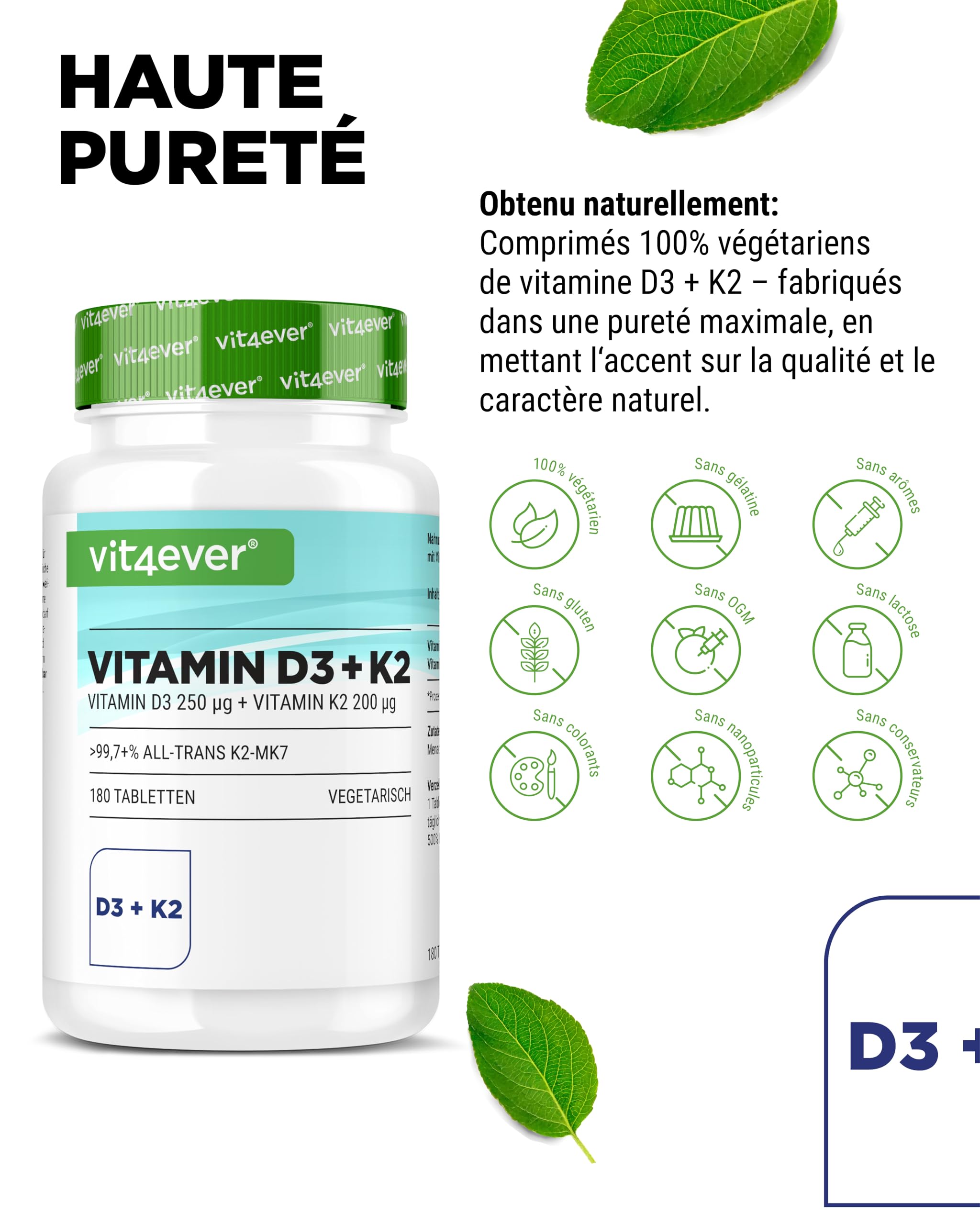 Vitamine D3 + K2 MK-7-180 Comprimés -10.000 U.I. (250µg) Vitamine D3 & 200µg K2 par Comprimé - Matière Première Premium: 99,7+% All-Trans - Haute Pureté - Forte Dose - Végétarien