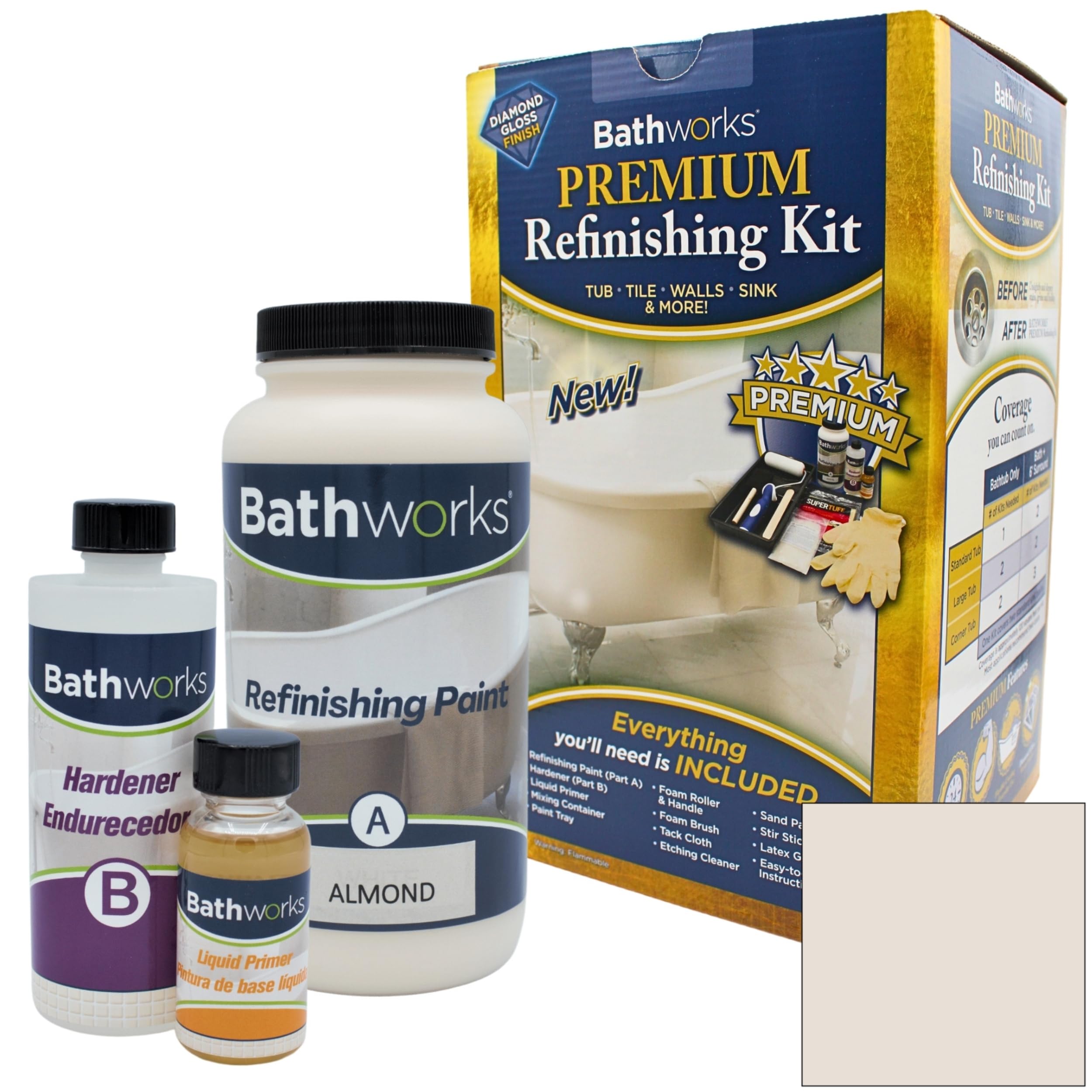 Bathworks Bathtub Refinishing Kit; Premium 20 oz; Tub; Tile; Wall Surround; 24 Hour Dry time; High Gloss Resin Almond