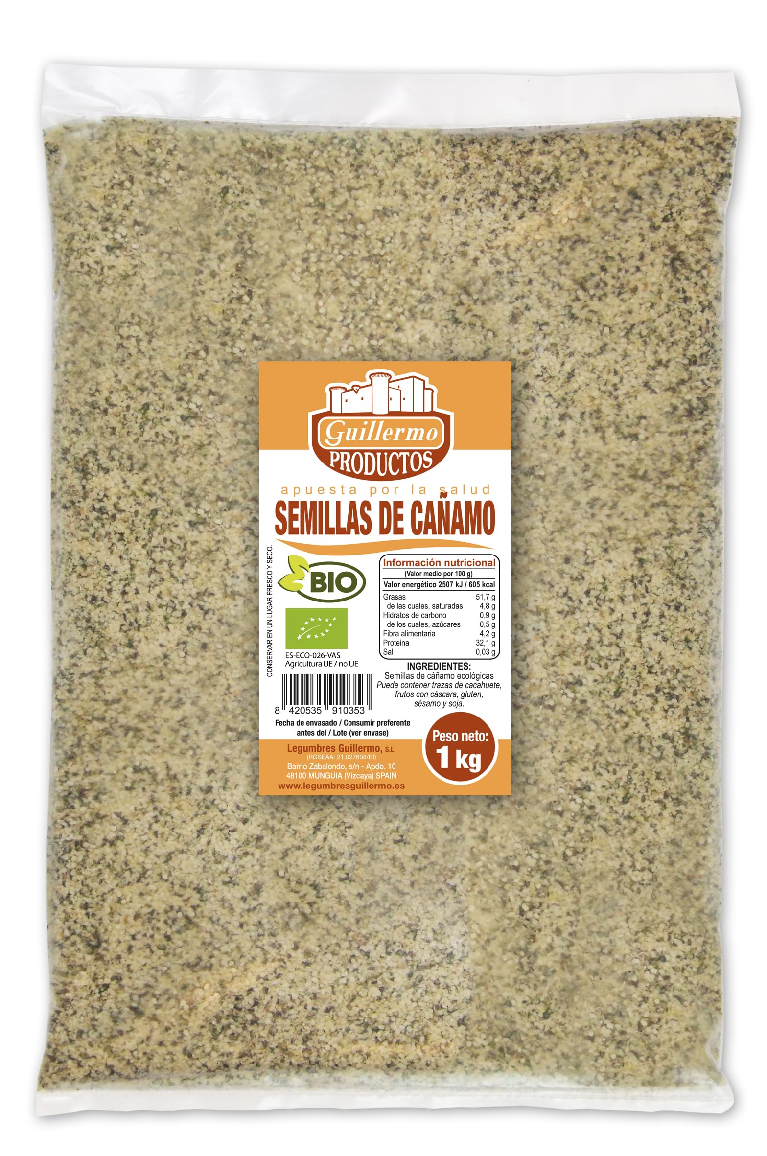 Guillermo | Semillas de cáñamo BIO - Bolsa 1kg. | 100% ecológico | Buen alimento para vegetarianos y veganos | Contribuyen a regular el tránsito intestinal | Aportan ácidos grasos Omega 3 y 6