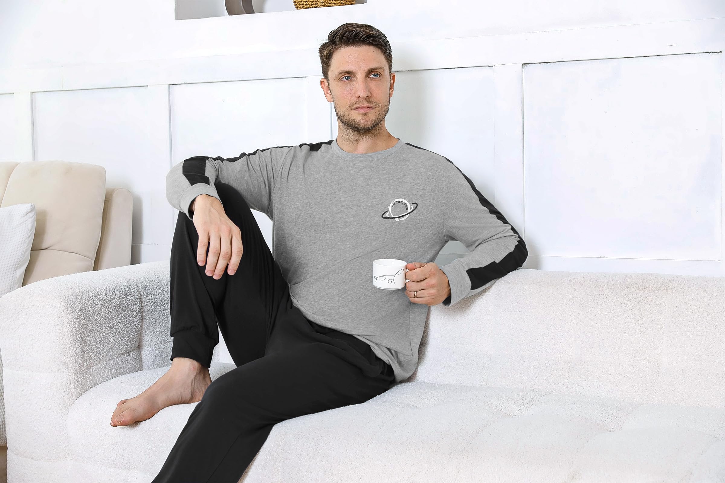 Pigiama Uomo Invernale in Cotone Due Pezzi Maniche Lunghe Leggero | Tessuto Morbido, Pantaloni Lunghi, Vestibilità Comoda, Calore Confortevole, Autunno e Inverno, Tessuto Traspirante