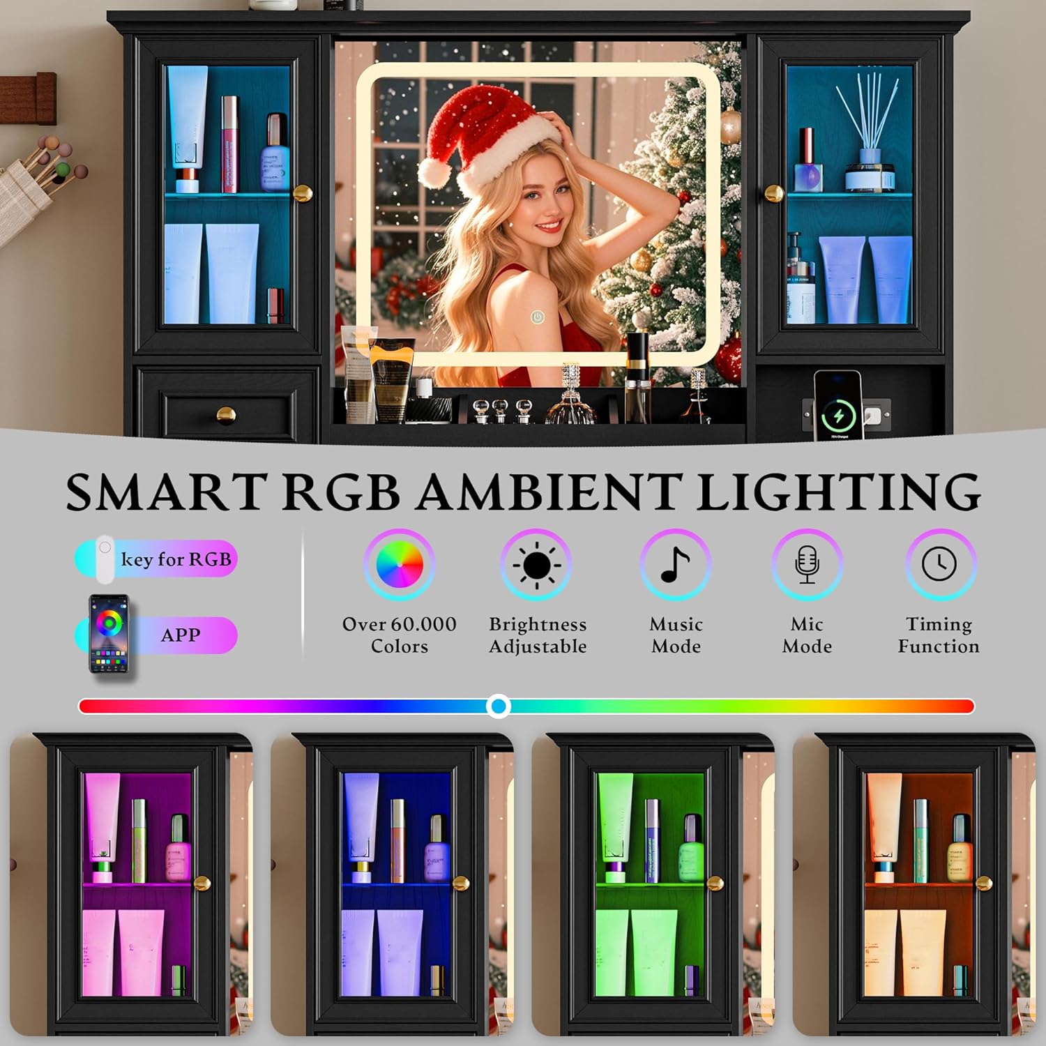 Vanity Desk with HD Lighted Mirror & Power Outlet, Farmhouse Makeup Vanity Table Set with Storage Drawers & RGB Cabinets, Large Dressing Table with 3 Lighting Modes for Women Girls Kids Bedroom, Black