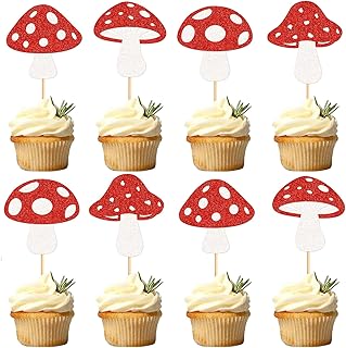 24PCS Red Mushroom Cupcake Toppers Red Mushroom Theme Cake Topper Happy Birthday Cake Toppers Decorations for Girls Boys Baby Shower Decor Supplies