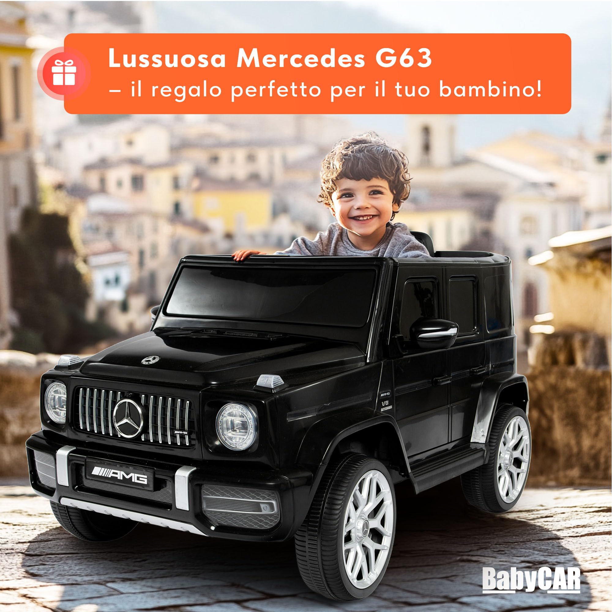 BabyCar Mercedes G63 Sport | Macchina per Bambini Elettrica Telecomandata 12V con 2 Motori 25W | Auto Elettrica per Bambini con Sedile in Pelle, Porte Apribili, USB | Licenza Ufficiale | Nero, MP3