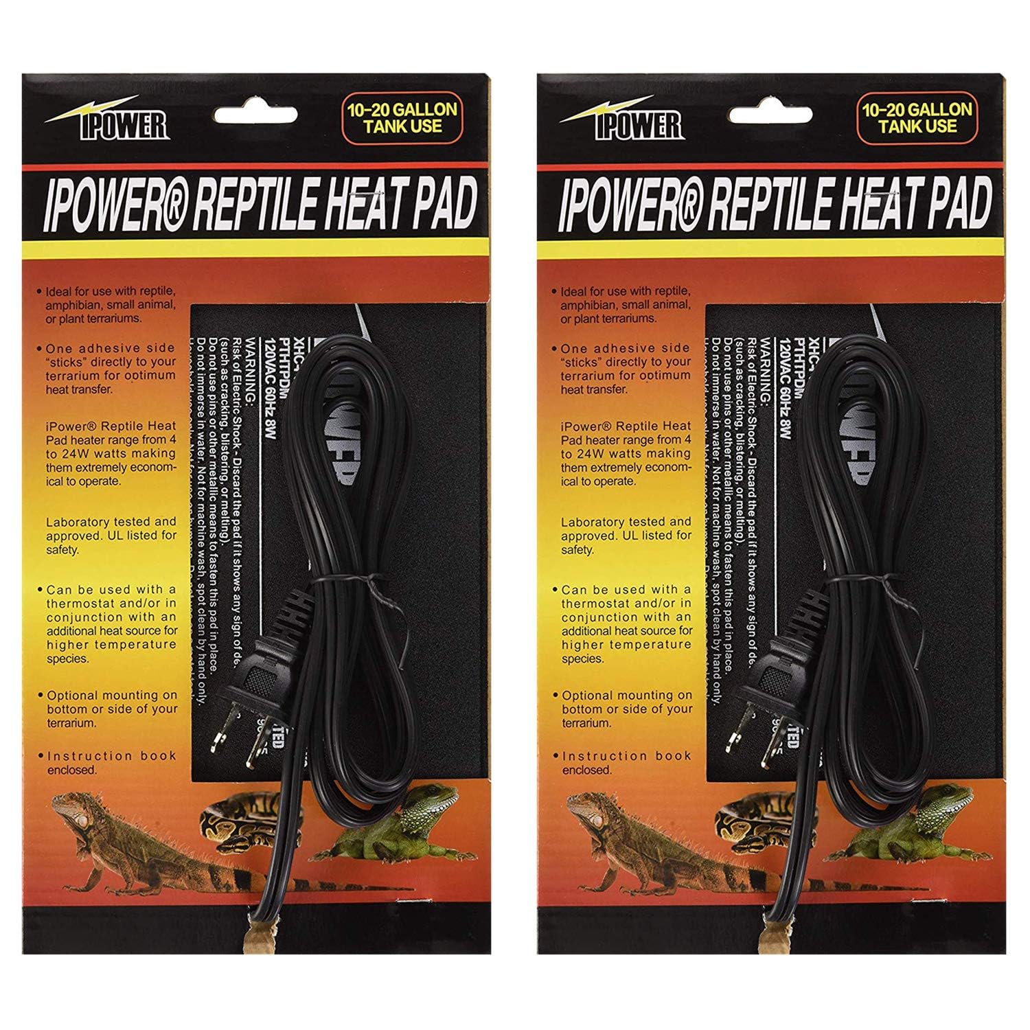 iPower 6x8 Inch Reptile Heat Pad Under Tank Heater, Energy-Efficient &amp; Waterproof Design Terrarium Warmer Mat for Turtles, Lizards, Snakes, 2 Pack