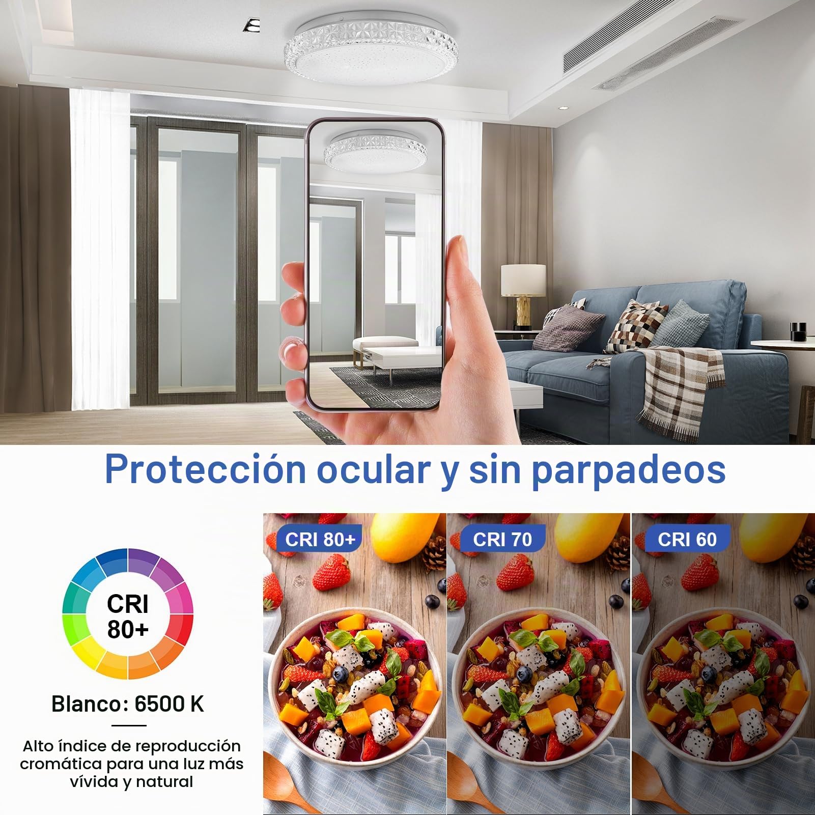Lámpara de Techo 48W, 6500K Blanco frio Plafón LED Techo, 4800LM Plafon Luz LED, Ø48cm Plafon Redonda, Moderna Luz para Sala, Cocina, Dormitorio, Pasillo, Oficina