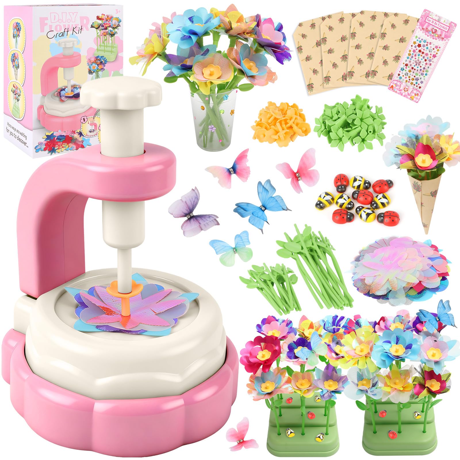Herenear Il Laboratorio dei Fiori, Kit Artigianalee Creativo con Macchina per la Produzione di Fiori Bambini, DIY Kit Creativo Regalo Bimba Giocattoli Educativo Bimba 4 5 6 7 8+ Anni
