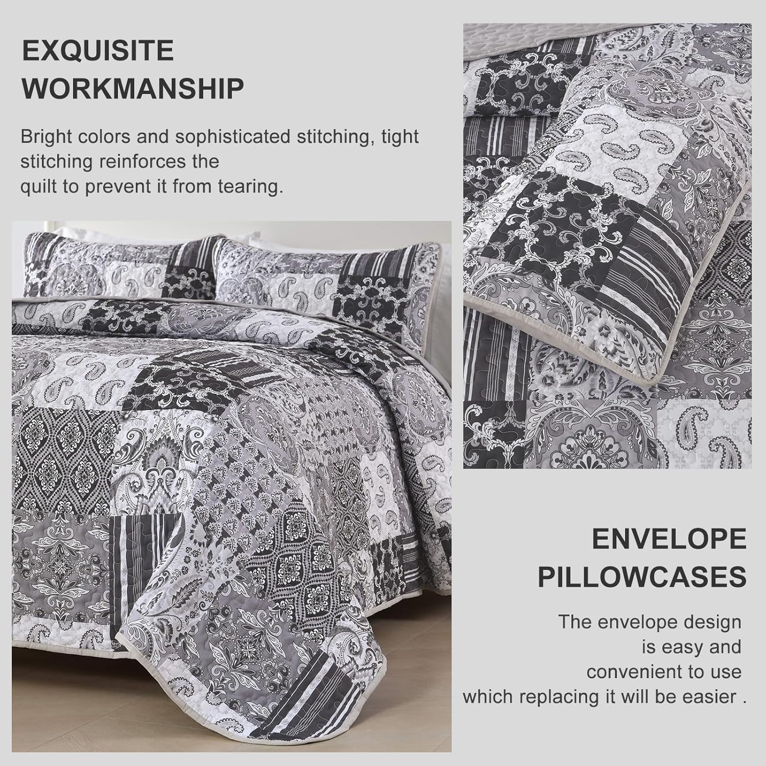 WONGS BEDDING Grey Quilt Set Queen Size, Patchwork Plaid Bedspread Bedding Sets Soft Microfiber Boho Quilts for Queen Bed 3 Pieces Coverlet Set for All Season (96"x90") - Image 5