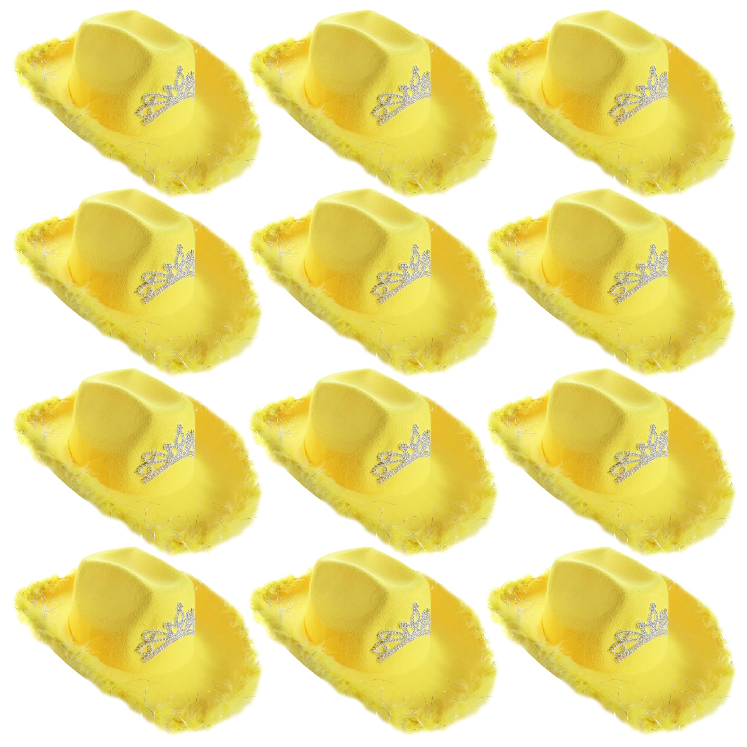 Tiara Cowgirl Hats - Pack of 12 - Yellow Cowgirl Hat with Tiara Decoration and Marabou Trim - Adults Music Festival Fancy Dress Accessory