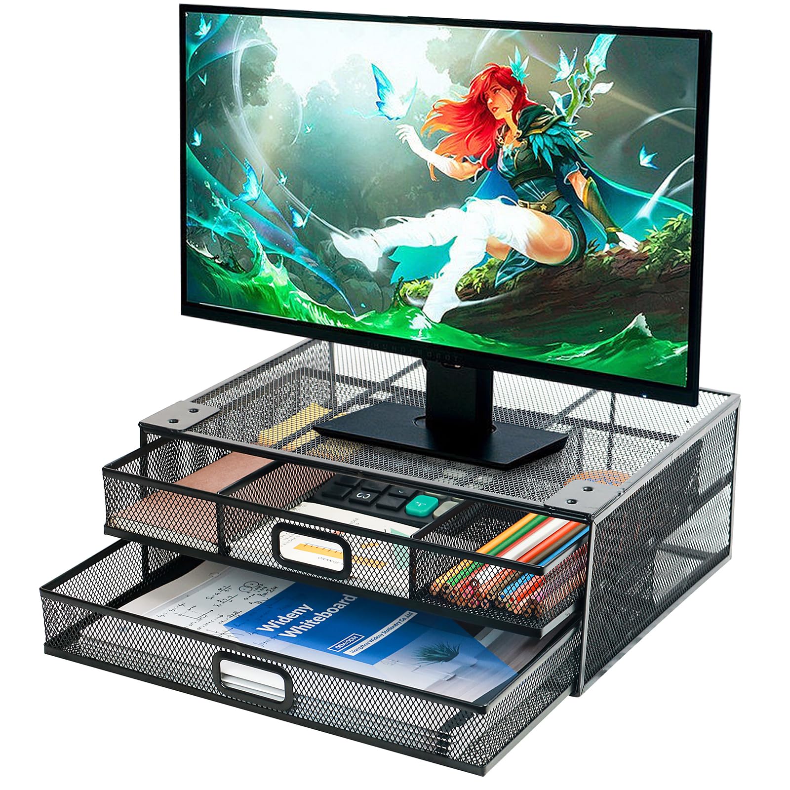 Tiroir sous bureau renforcé métal 2 tiroirs coulissants A4 organisateur rangement noir