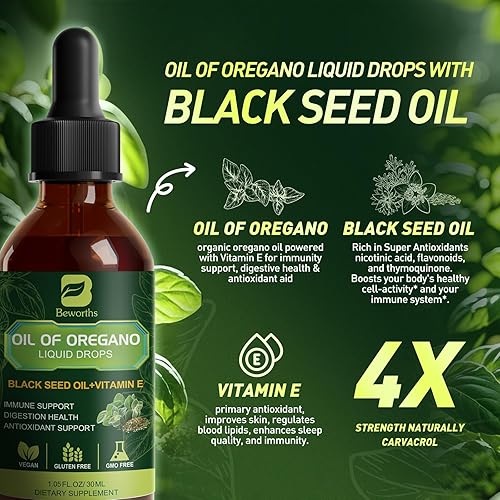 Miniatura 2 de Gotas de aceite de orégano, aceite de orégano con aceite de semilla negra, vitamina E, suplemento de orégano Carvacrol 80% mezcla de hierbas para
