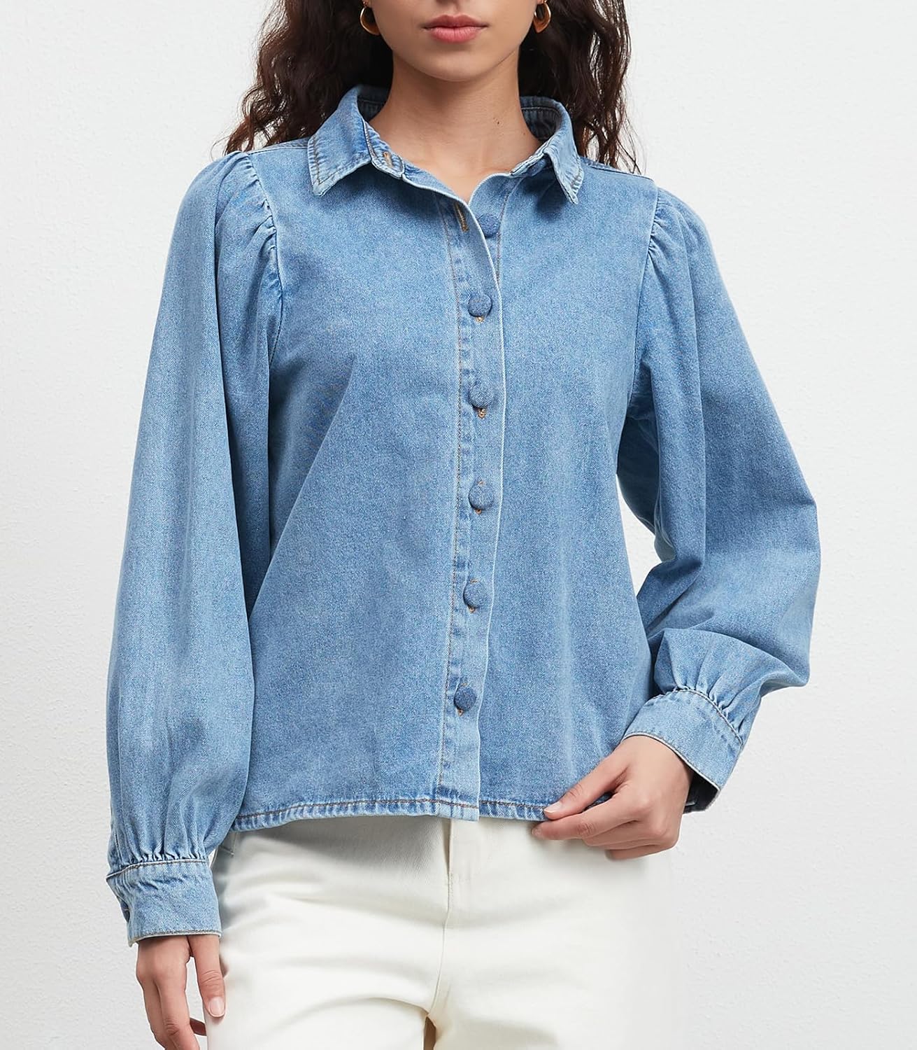 Ladyful Denim Shirt Women Button Down Cropped Long Sleeve Chambray Jean Shirts Lightweight Blouse Jean Jacket - Image 6
