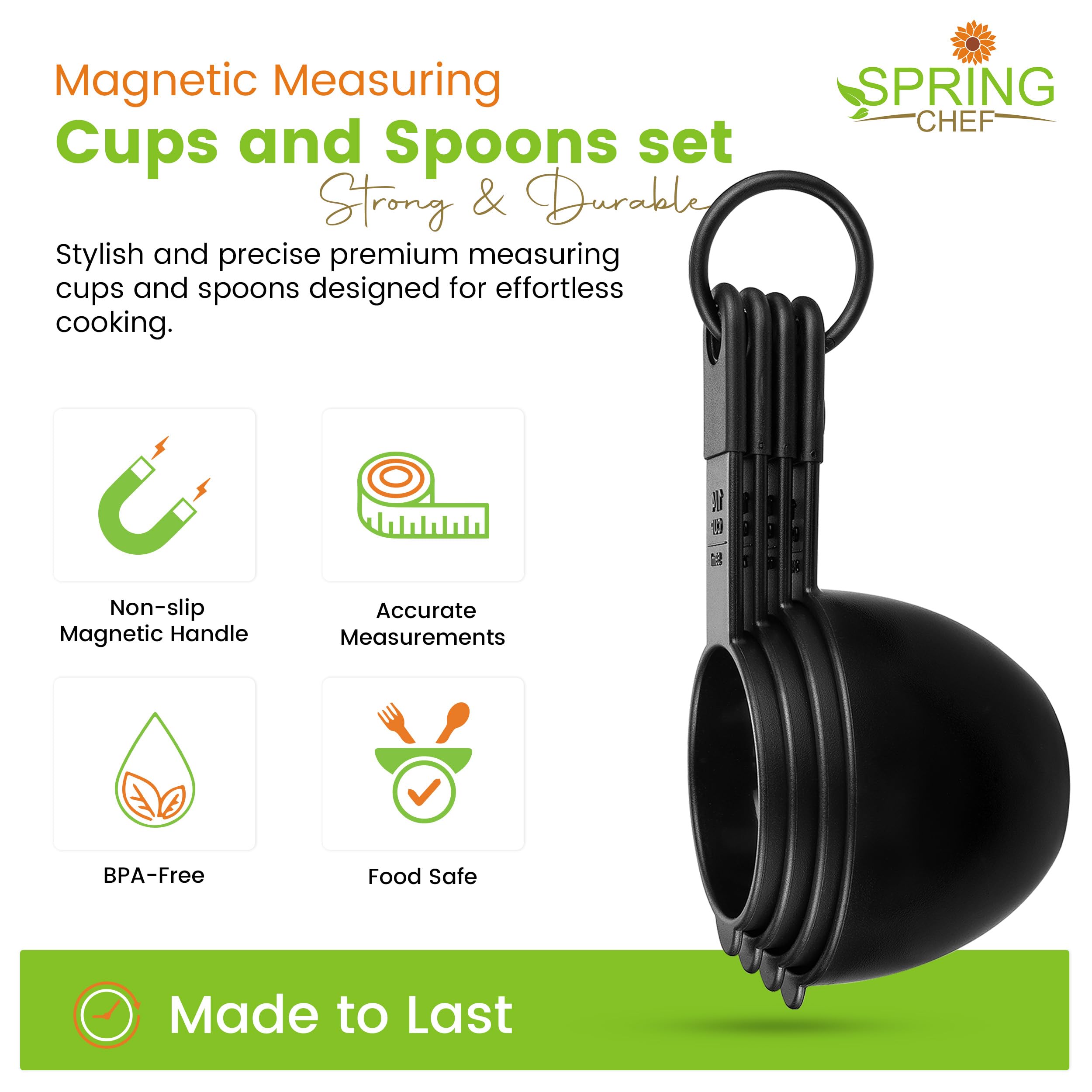 Juego de 9 tazas y cucharas medidoras magnéticas, herramienta de cocina anidable con marcas fáciles de leer para medir ingredientes secos o líquidos, sin BPA, color negro 4