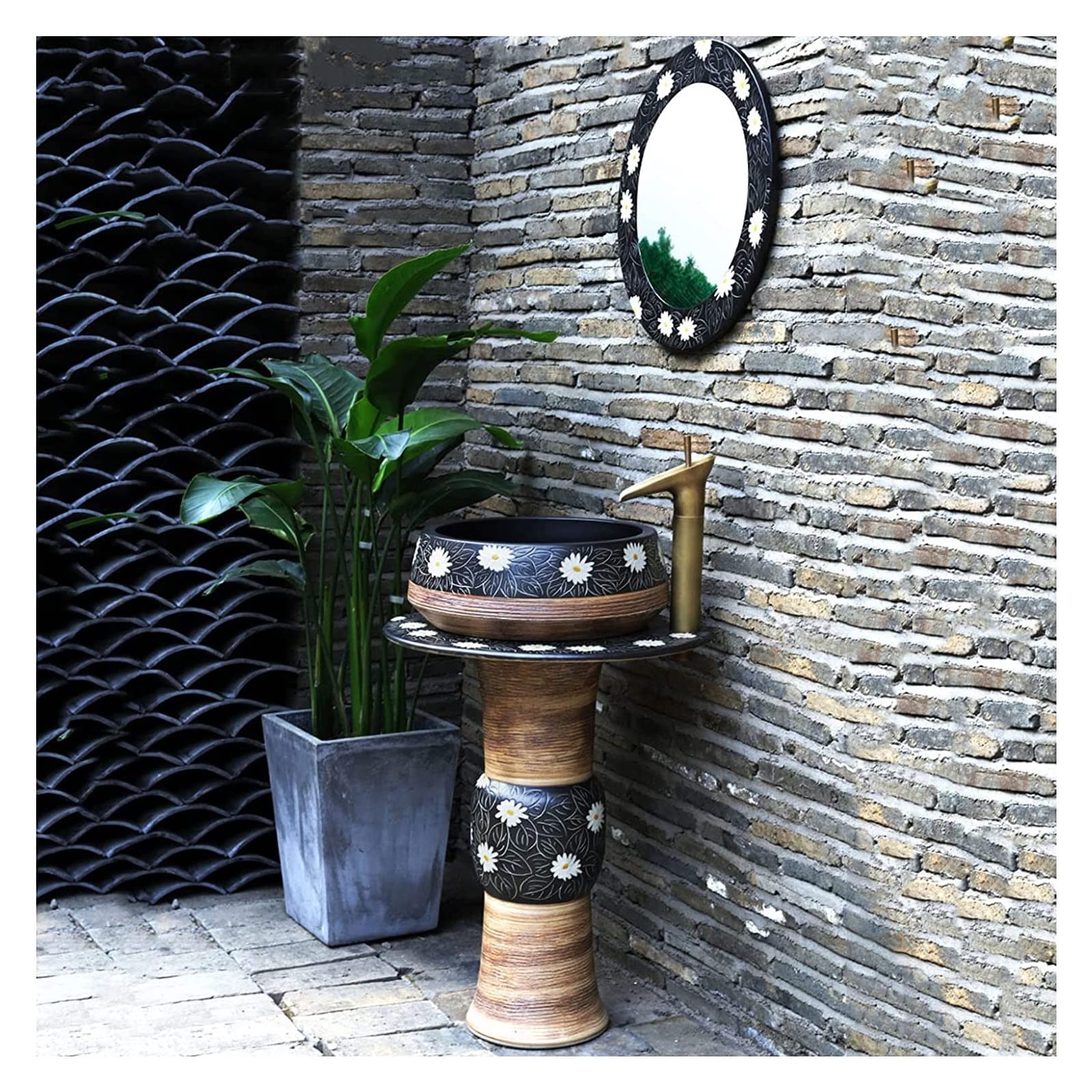 OLSKFUH Freestanding Pedestal Sink Floor Standing Art Sink Free Standing Vanity Basin, Kaolin Clay Pedestal Sink, Pedestal Bathroom Sink, Vessel Sink Combo Toilets Basins Handmad,With Mirror