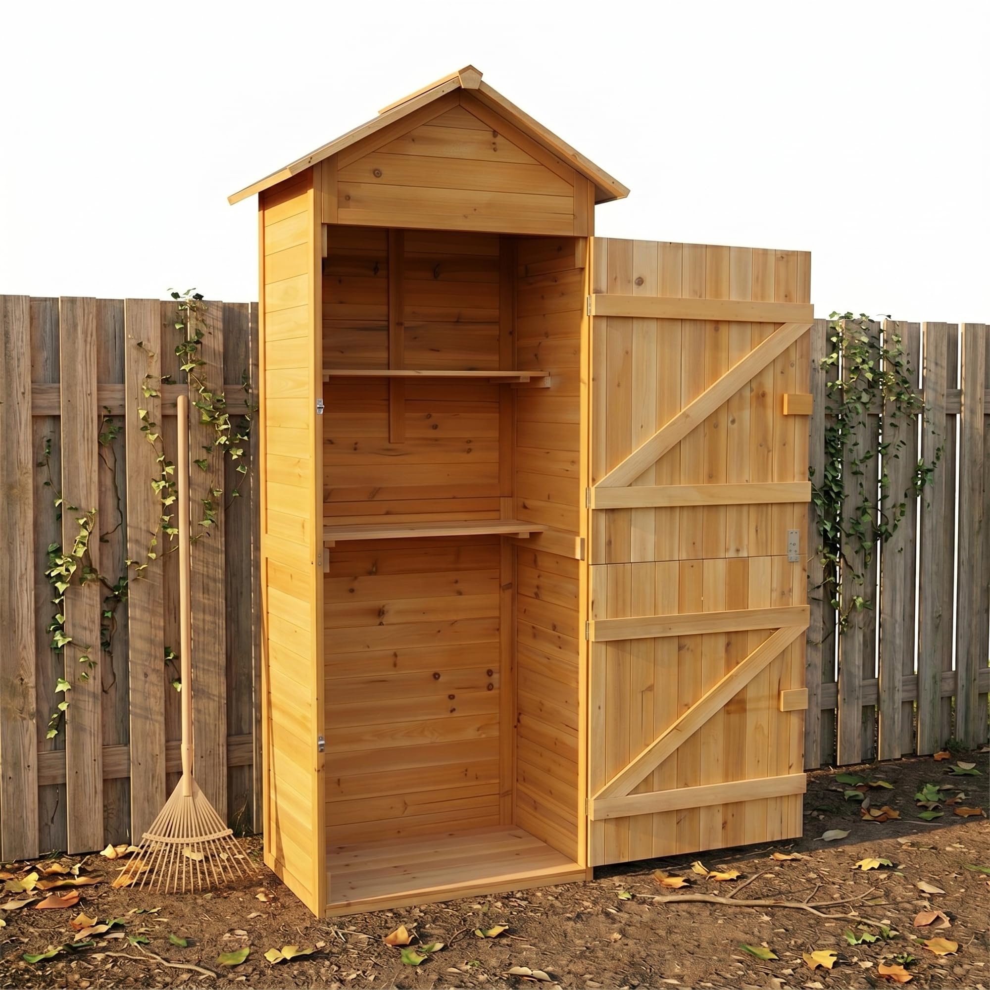 Mucola Gerätehaus mit 2 integrierten Regalböden 79x49x190 cm Geräteschuppen Gartenschrank aus Holz Geräteschrank Gartenhaus Gartengerätehaus