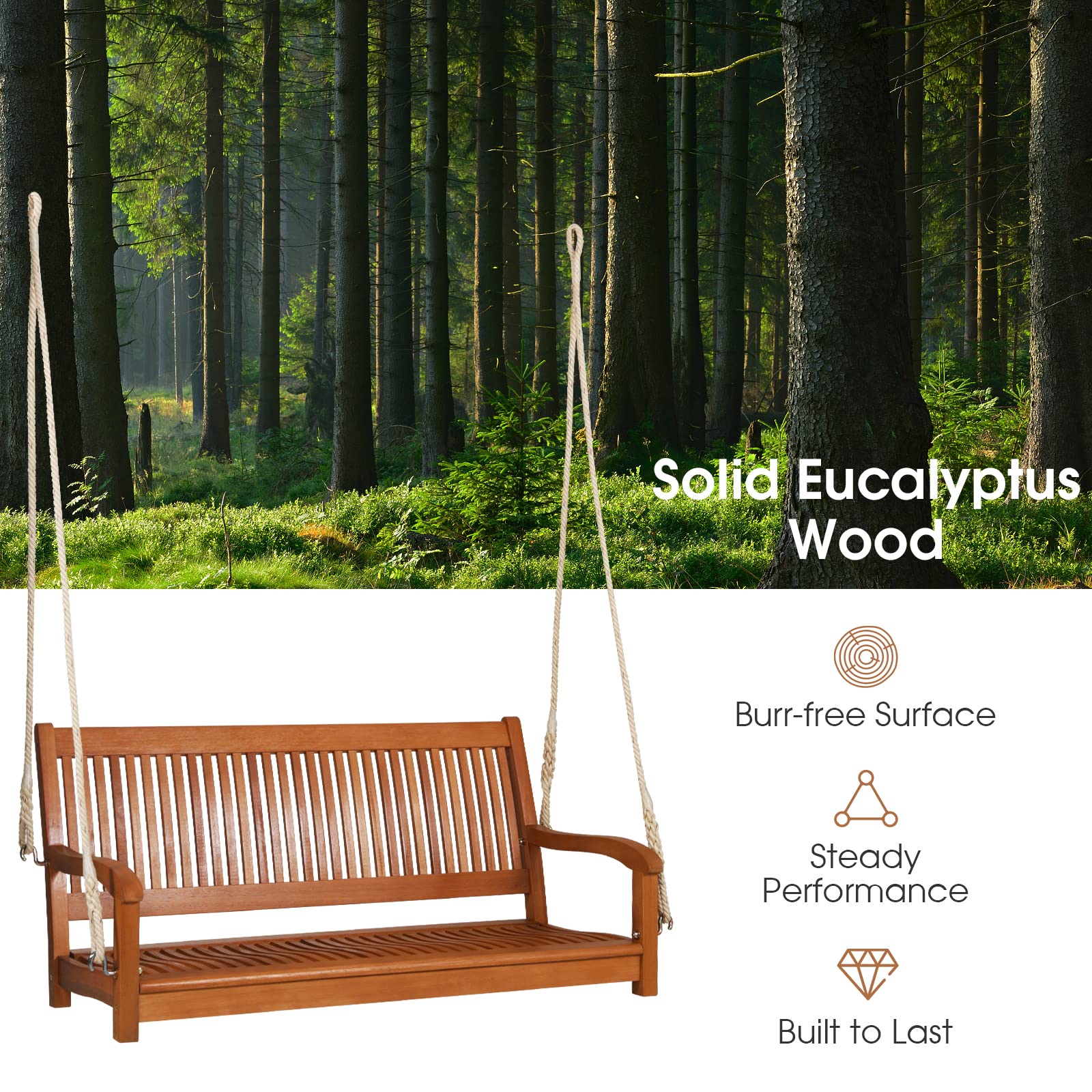 GIANTEX Columpio para Exteriores de 2 Plazas, Soporta hasta 360 kg, Columpio de Madera para Colgar de Jardín, para Balcón, Porche, Terraza