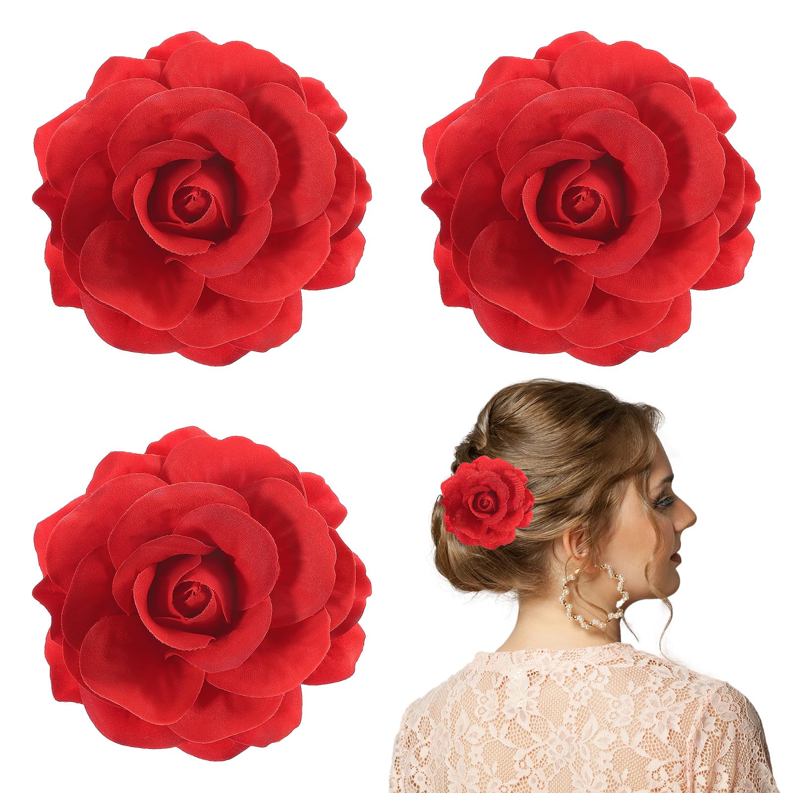 4 Pcs Red Rose Clips Flower Mexican Dancer Floral Hair Barrettes