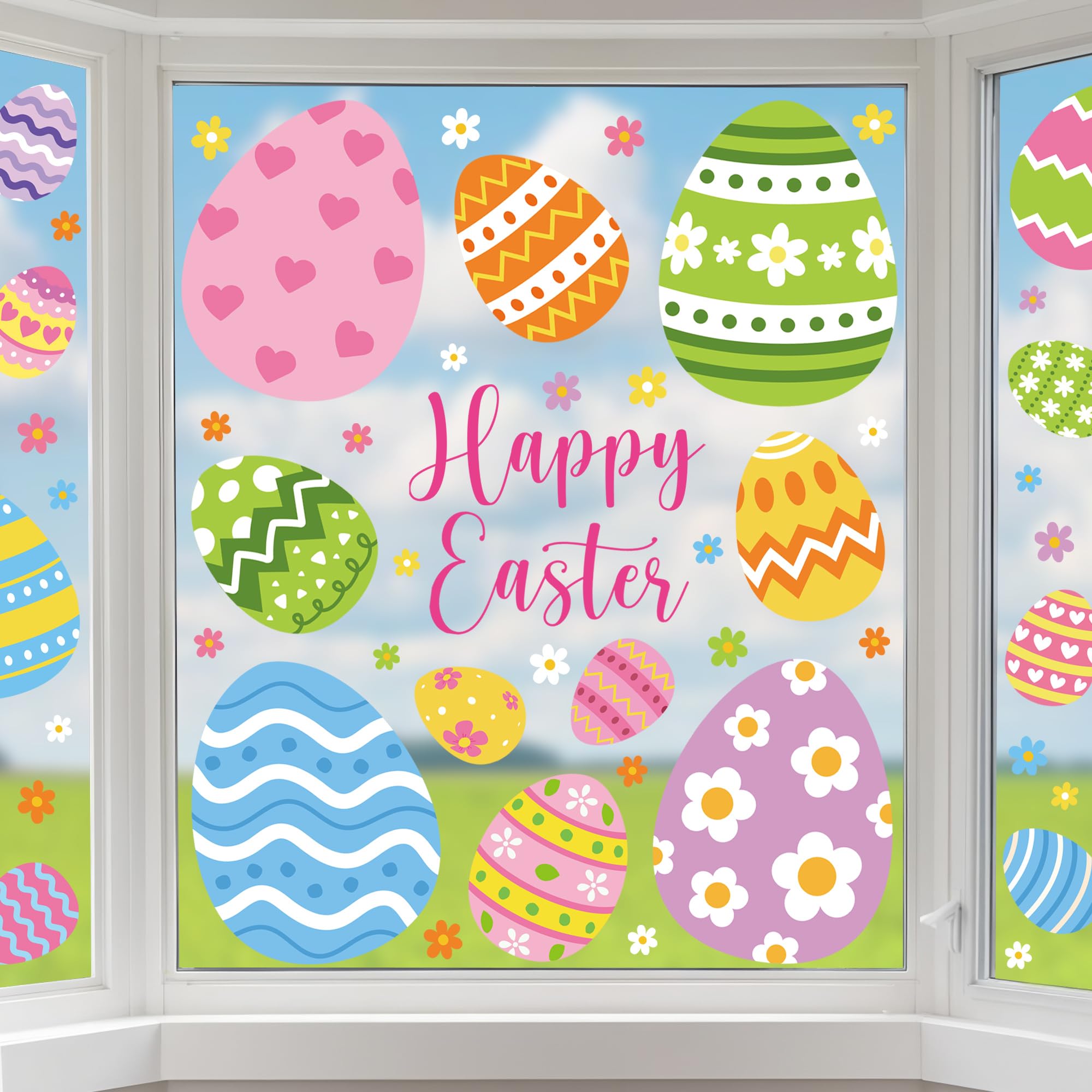 4 Blatt extra große Oster-Fensteraufkleber, doppelseitig, Frohe Ostereier, Fensteraufkleber, wiederverwendbare Eier, Blumen, Frühlingsfenster, Aufkleber für Frühling, Urlaub, Party, Geschenke, Zuhause