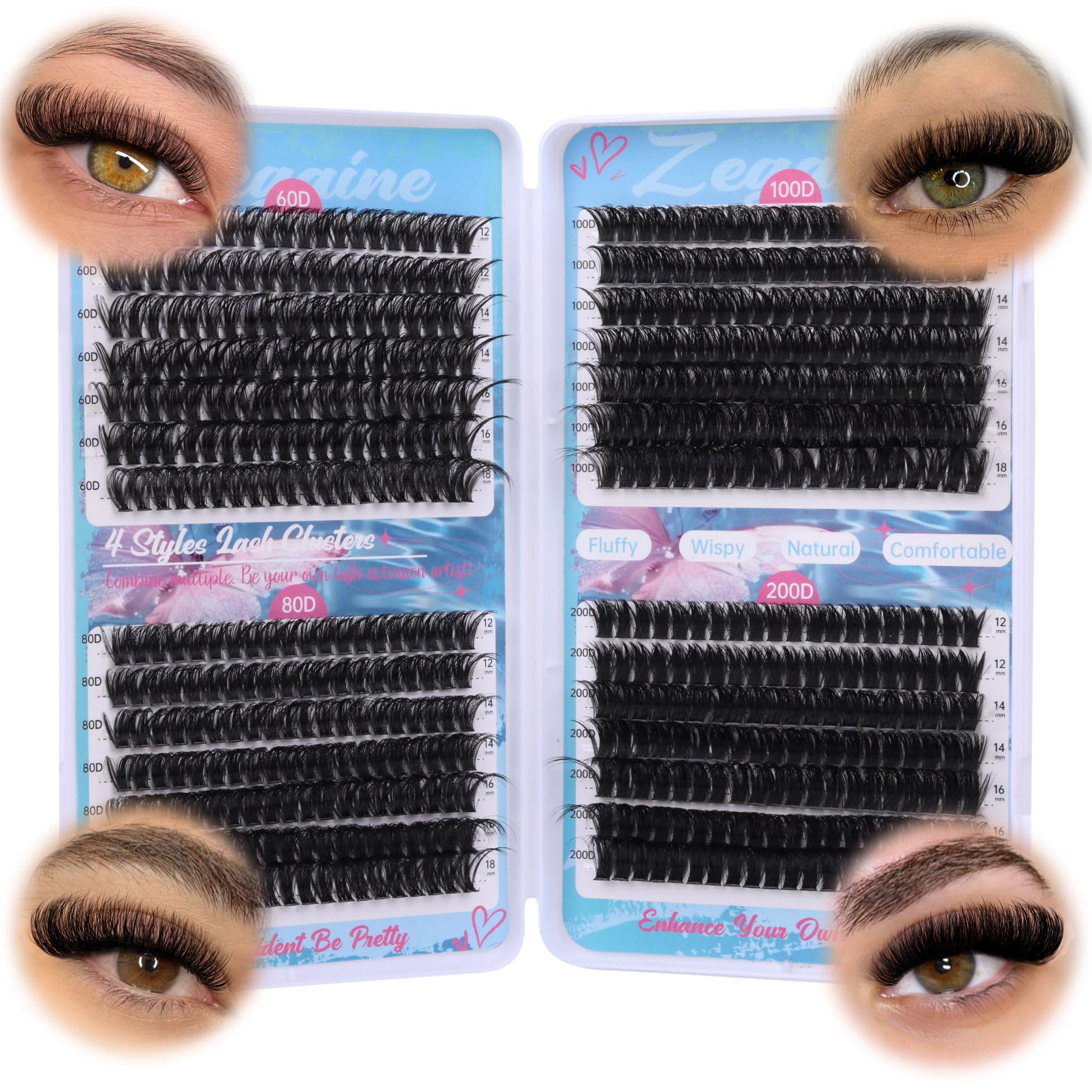 Zegaine Thick Lash Clusters Cat Eye Lashes Extension 560Pcs 60D+80D+100D+200D Thick Volume Eyelash Clusters Long Individual Lashes Wispy Clusters Eyelash 12-18MM Eyelashes Extensions