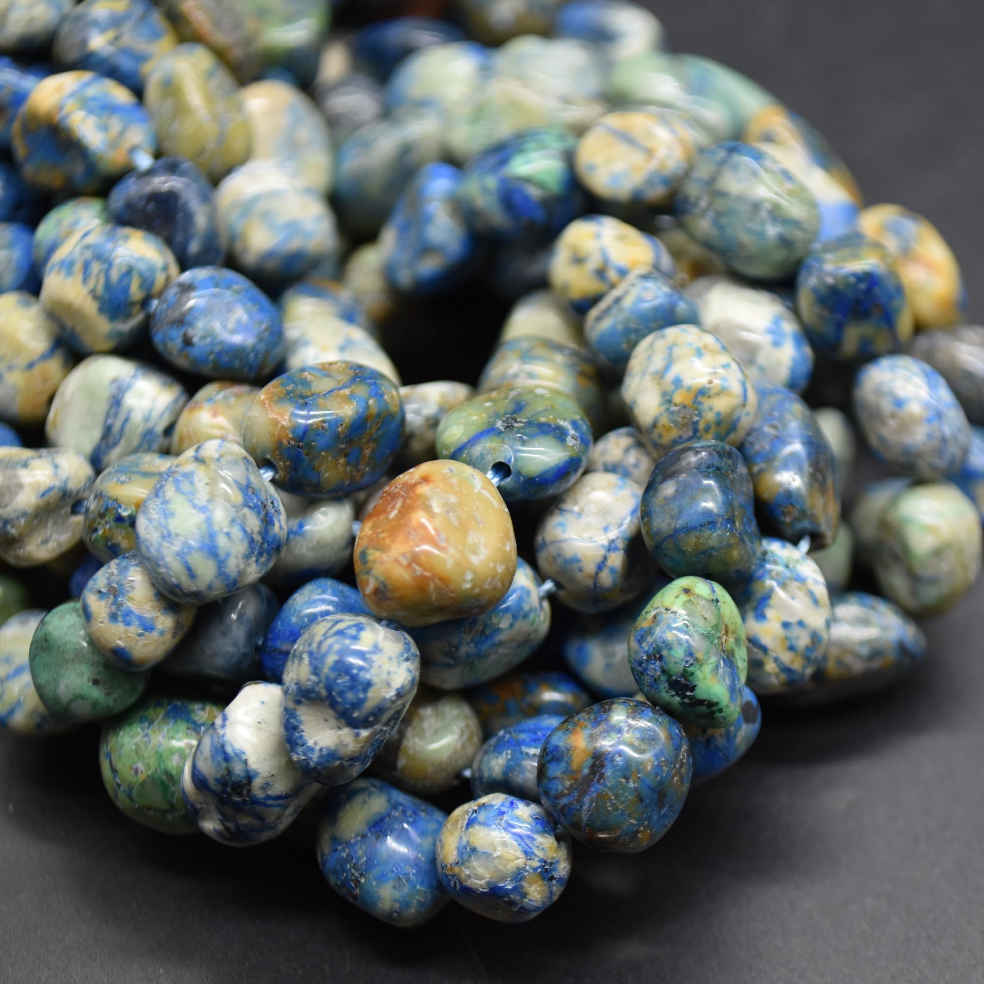 Grade A Natural Azurite Semi-Precious Gemstone Pebble Tumbledstone Nugget Beads - 7mm - 10mm - 15" Strand