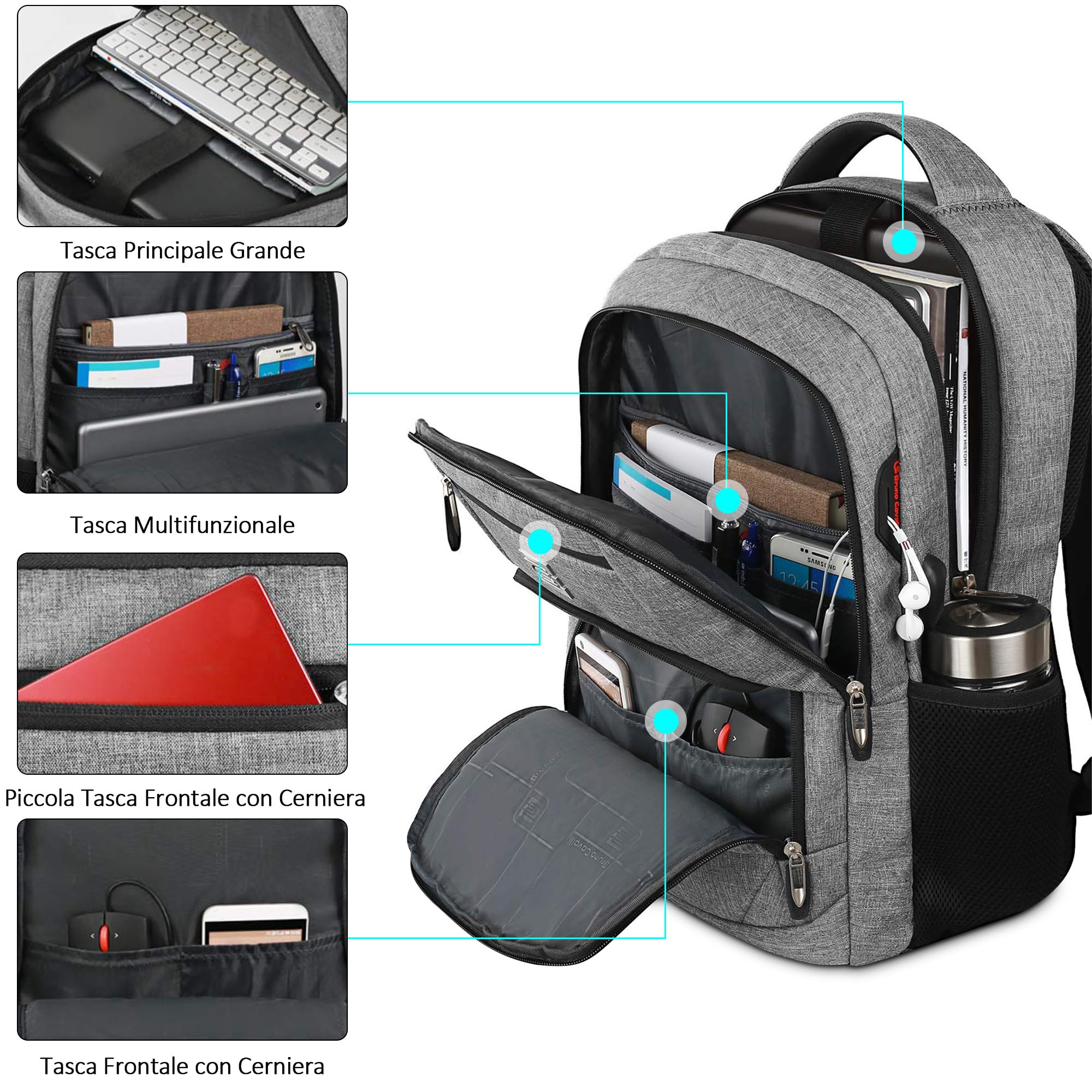 VARLIVOO Uomo Zaino USB Port Donna Zainetto 15,6" Laptop Uomo Borse Alta Capacità Lavoro Viaggio Scuola Impermeabile Polyester Grigio Chiaro