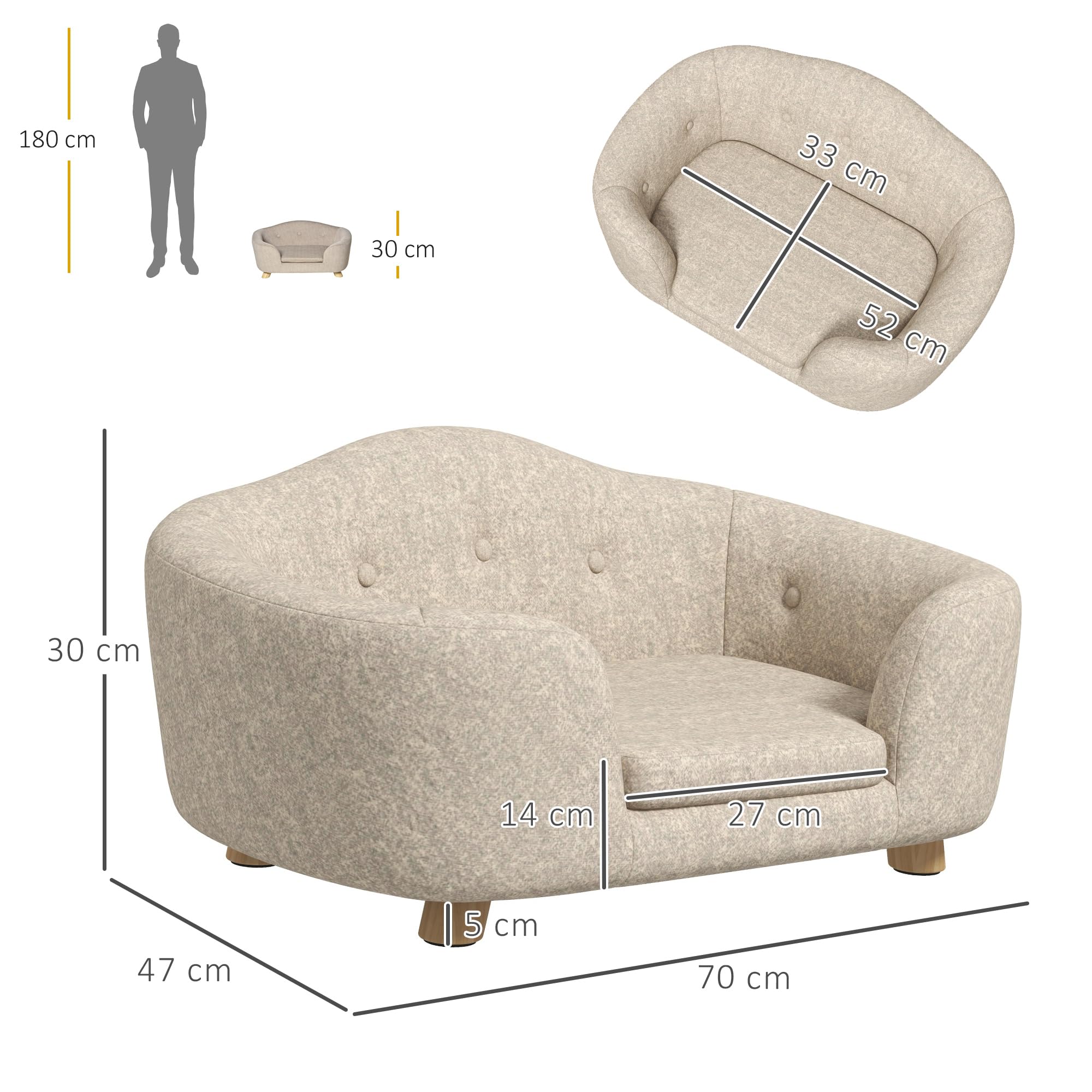 PawHut Canapé-lit pour animaux de compagnie - Avec coussin et poche arrière - En peluche et mousse de pin - Blanc crème - 70 x 47 x 30 cm