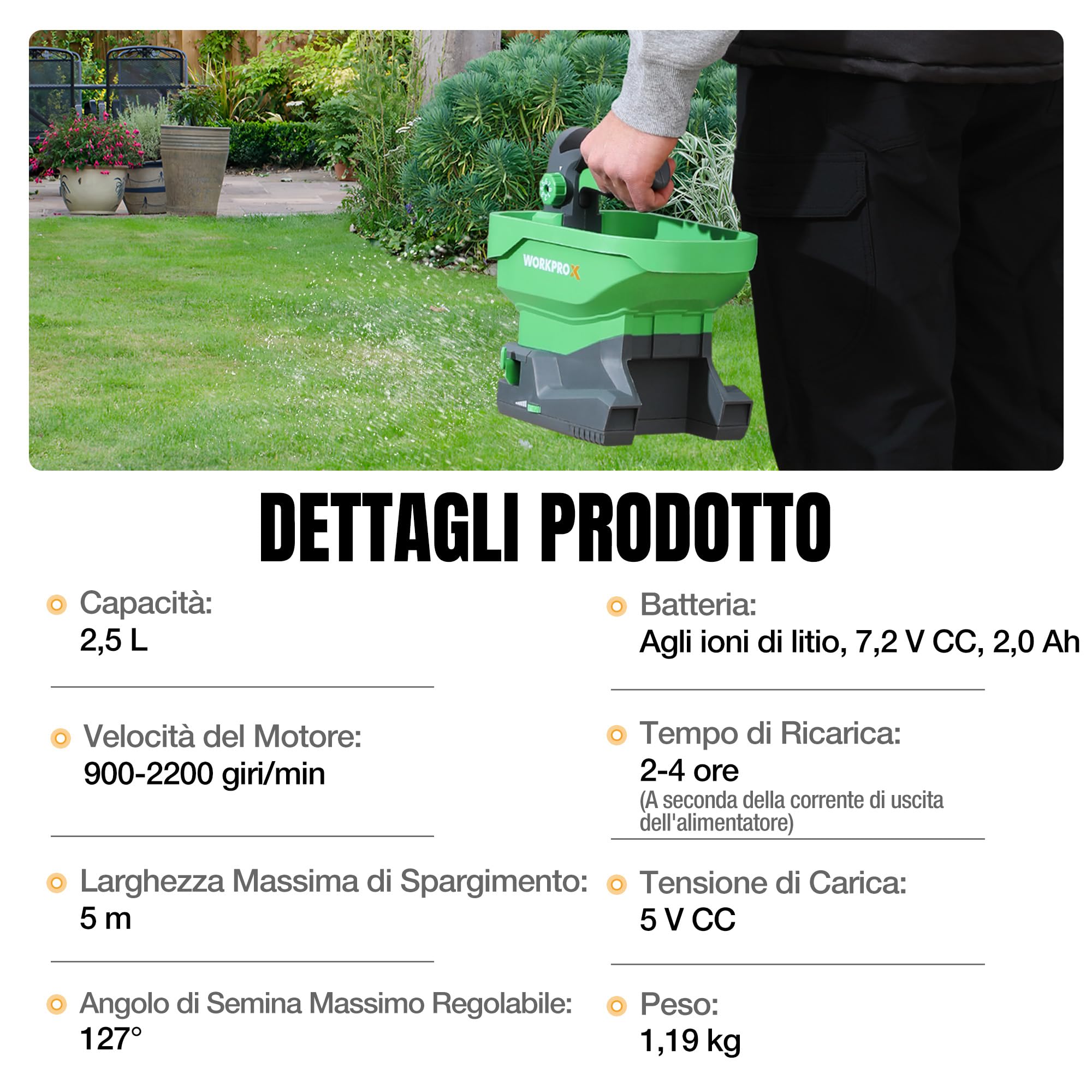 WORKPROX Seminatrice Universale a Batteria da 7,2 V con 8 Flussi, 6 Velocità e Larghezza di Proiezione Regolabile, Seminatrice Prato per Semi, Spargisale Fertilizzanti e Sale Antighiaccio