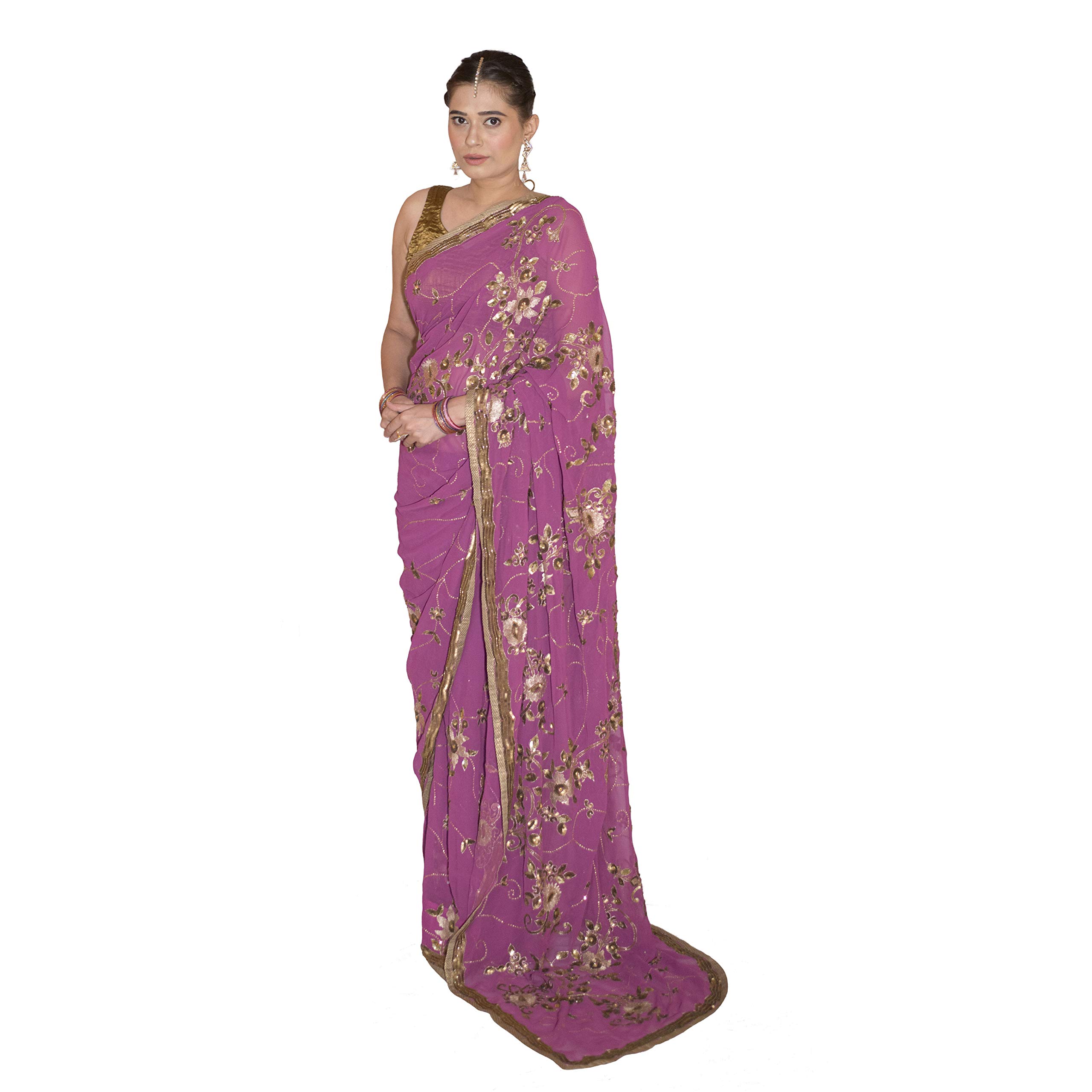 SS - Simple&Serene Purple Georgette Heavy Work Copper Sequin Saree With Unstitched Blouse. Suitable For Parties.