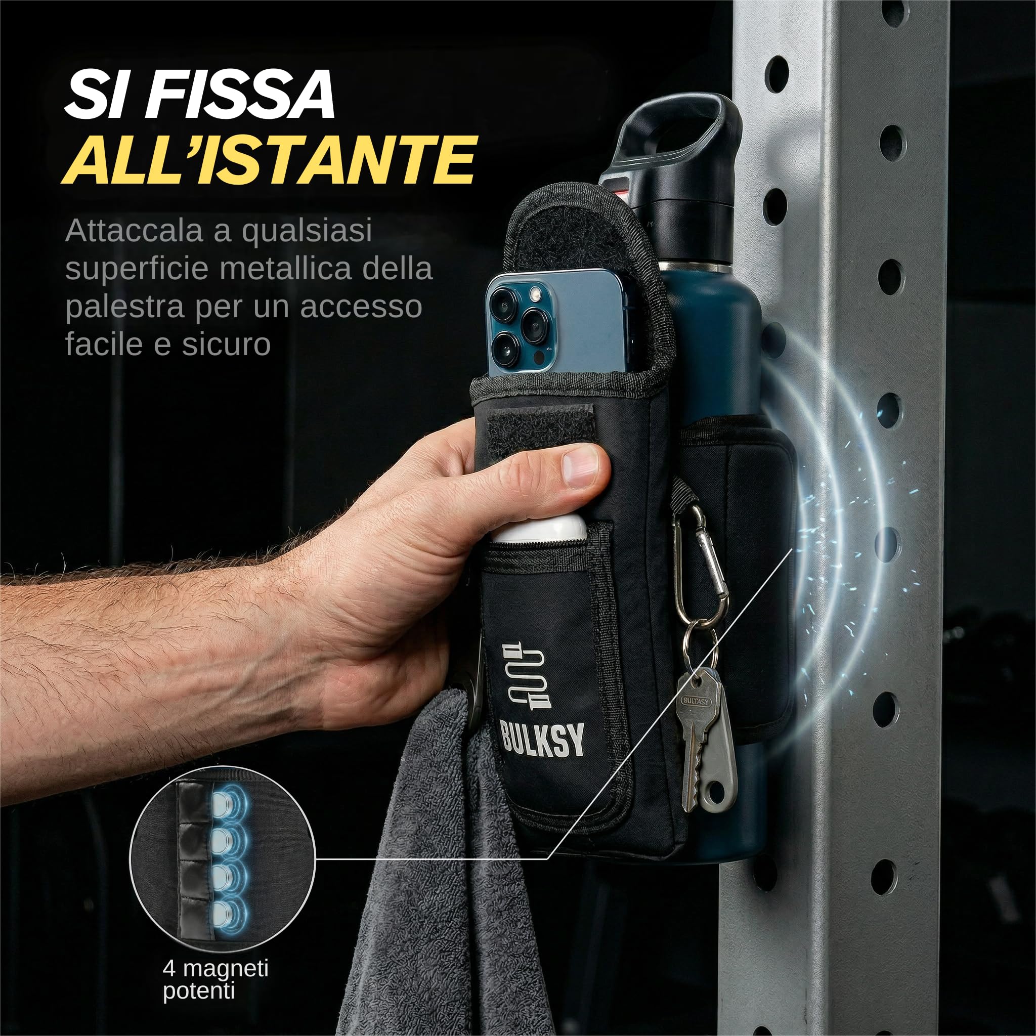 Borsa Magnetica per Accessori Palestra - Porta Borraccia con Tasca Smartphone e AirPods - Borsa Magnetica Palestra Accessori Versatile - Magnete per Macchinari Palestra - Adatta a Bottiglie 1L &1,5L