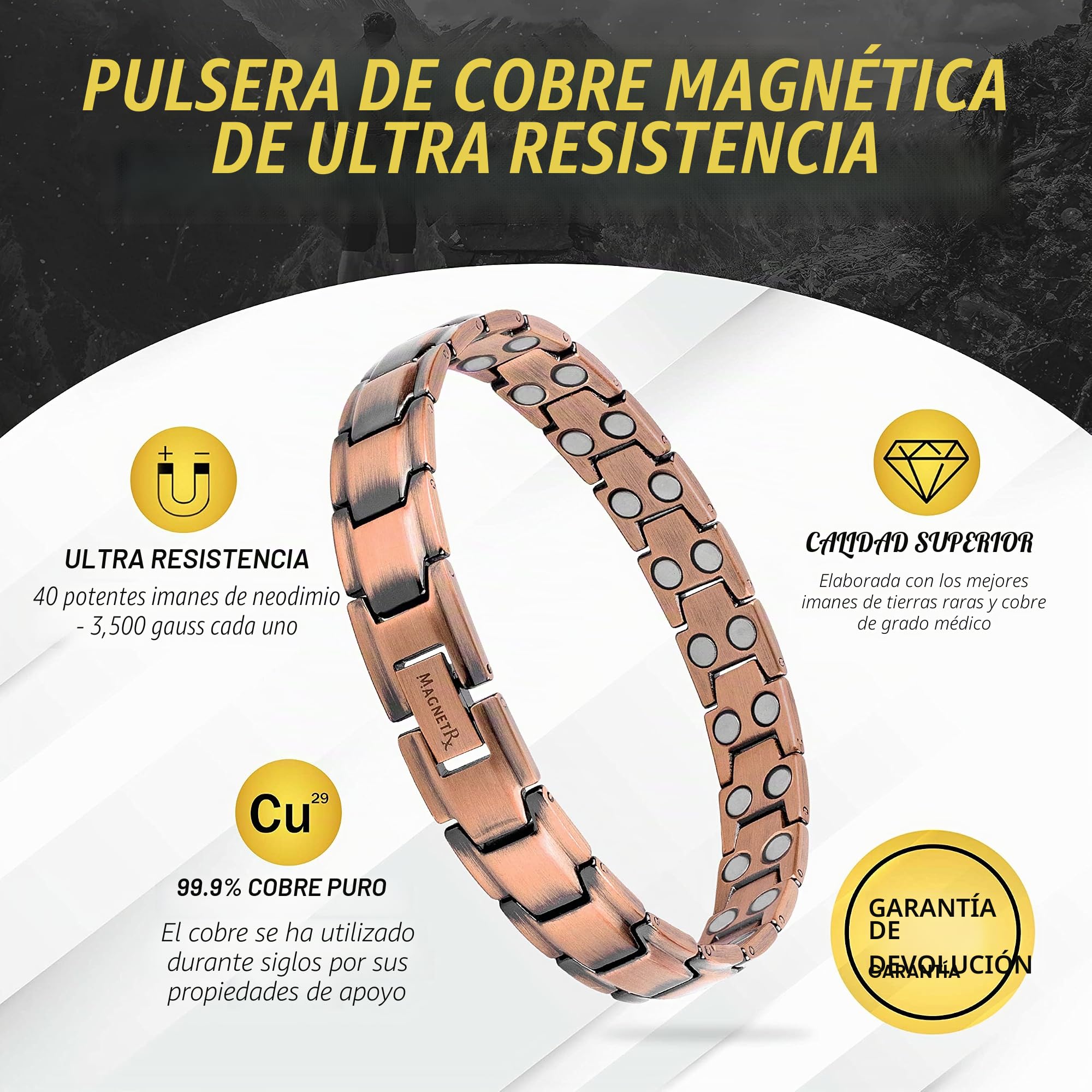 MagnetRX® Pulsera Cobre Hombre – Pulsera Magnética Hombre de Cobre Puro con Imanes para Magnetoterapia, Alivio de Artritis y Túnel Carpiano – Tamaño Ajustable con Herramienta Incluida – Modelo Leo