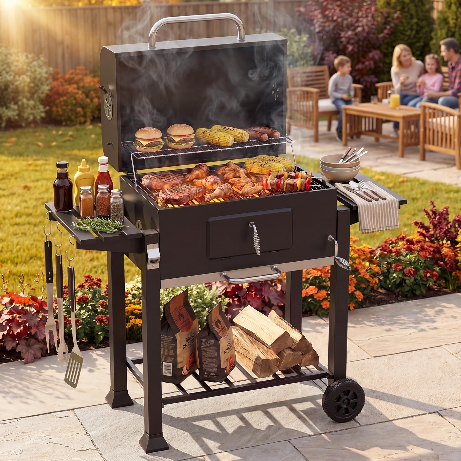Aoxun XXL Charcoal BBQ Smoker Grill with Dual Side Work Tables – Adjustable Charcoal Tray for Fast Grilling & Low‑Slow Smoking – Chimney Vent, Heavy‑Duty Outdoor Barbecue for Garden Patio Backyard