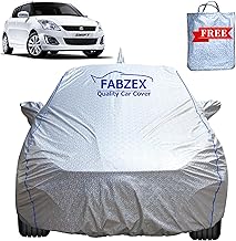 Waterproof Car Body Cover for Maruti Suzuki Swift (2010 to 2018 Model) Mirror with Anteena Packets Elistic with Buckle Silver Cover with Blue Piping
