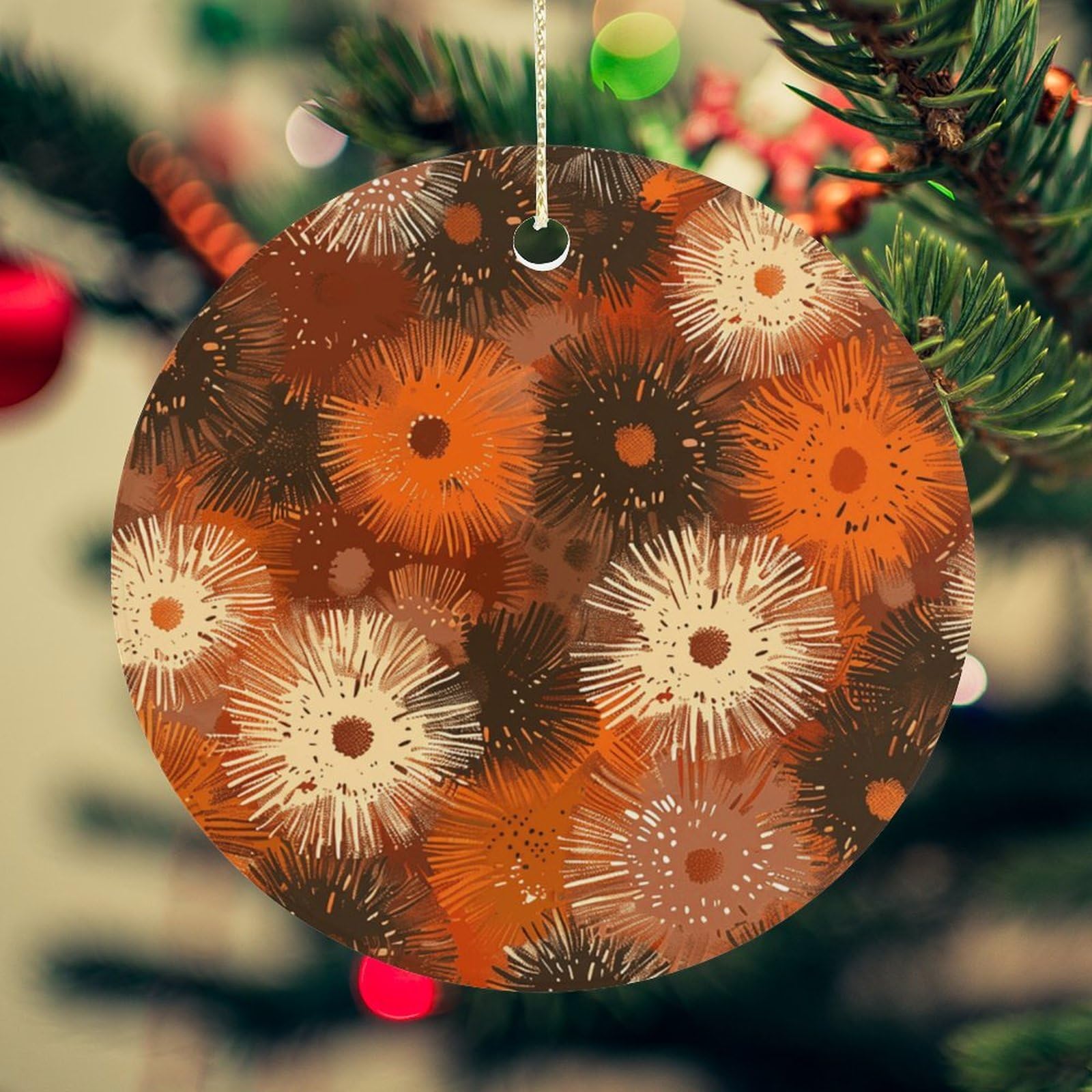 Brown and Peach Christmas Ornament for Christmas Tree Ceramic Round Ornament Winter Holiday Keepsake Gift 2.7" Christmas Tree Hanging Decorations Circle Ceramic Pendant Xmas Gift