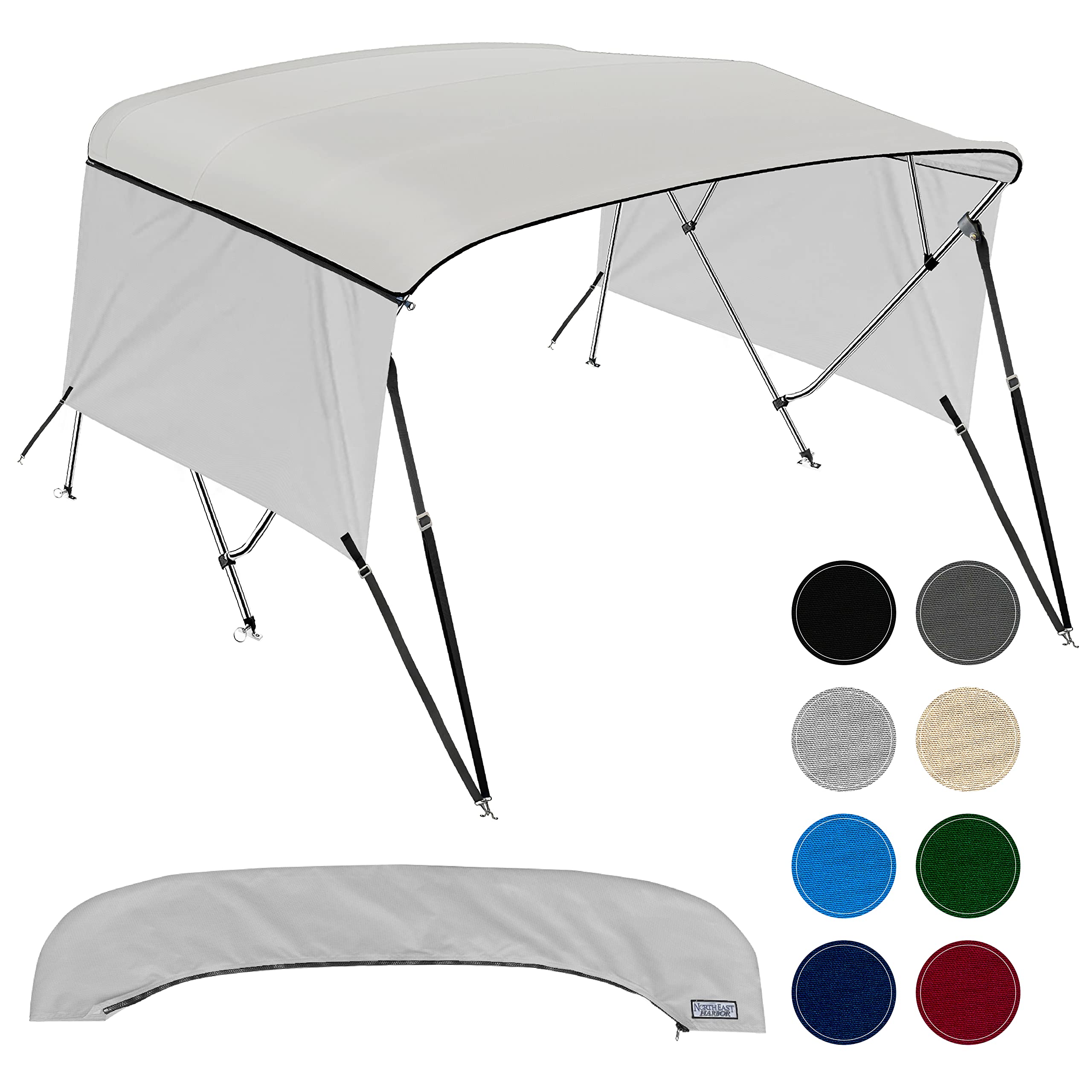 Universal 4 Bow Bimini Tops for Boats with Detachable Sidewalls, 900D Marine Canvas, Sun Shade Boat Canopy Kit, Bimini Top Hardware, Frame, Support Poles, Storage Boot, 73-78" W, Light Gray