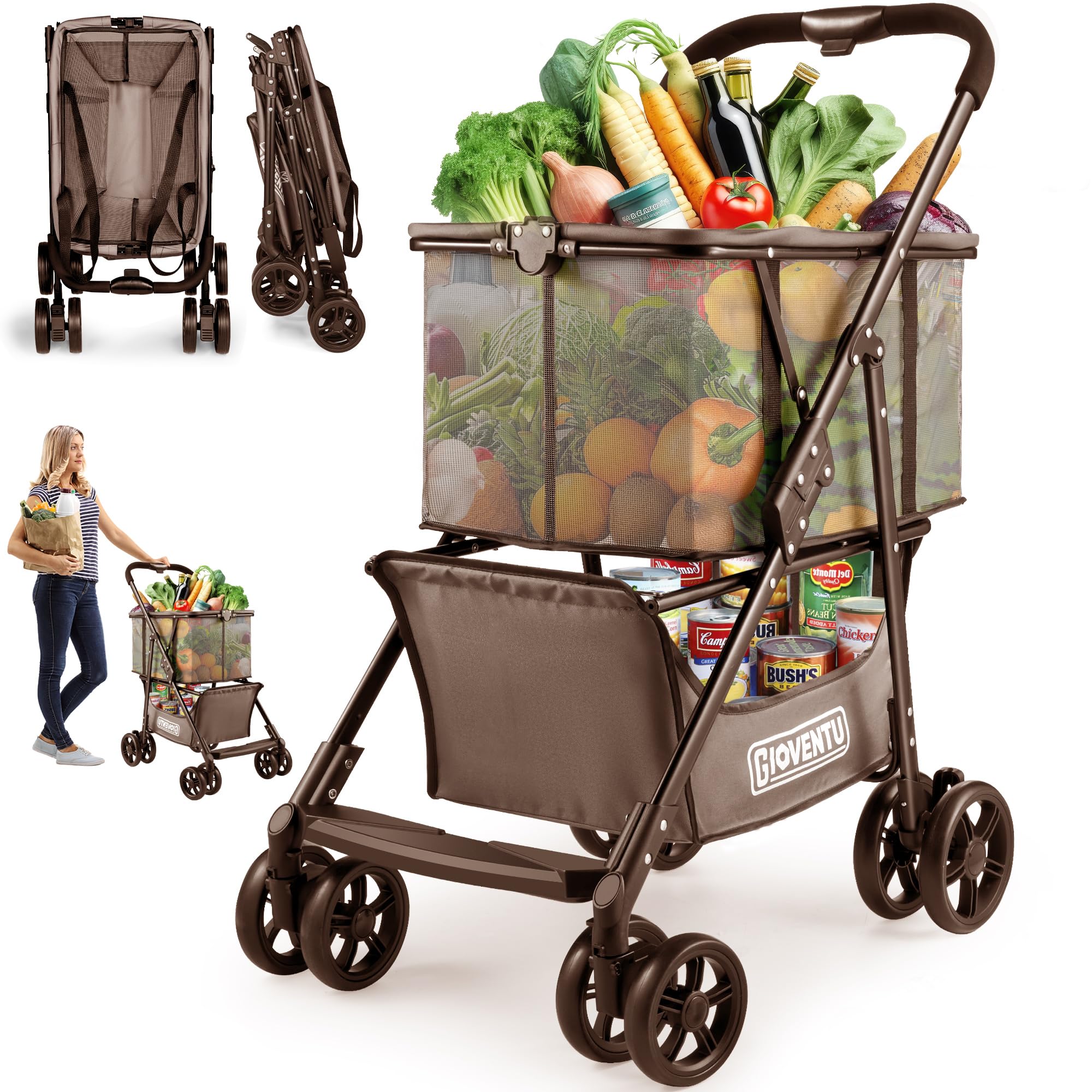 Folding Shopping Cart with Wheels, 80lbs Multi Use Grocery Carts with 360° Wheels & Removable Tote Bag,