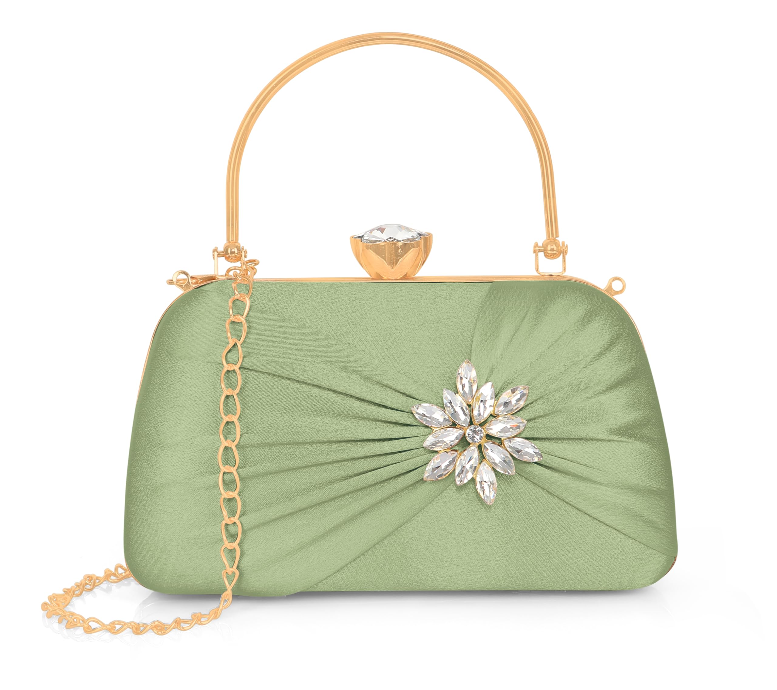 MISHA Radiance Flower Diamond Satin Clutch (GREEN)